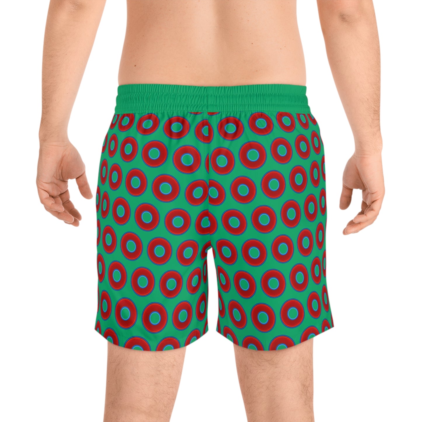 Men's Lumpy Swim Trunks - vivid red donut print w/jade green background