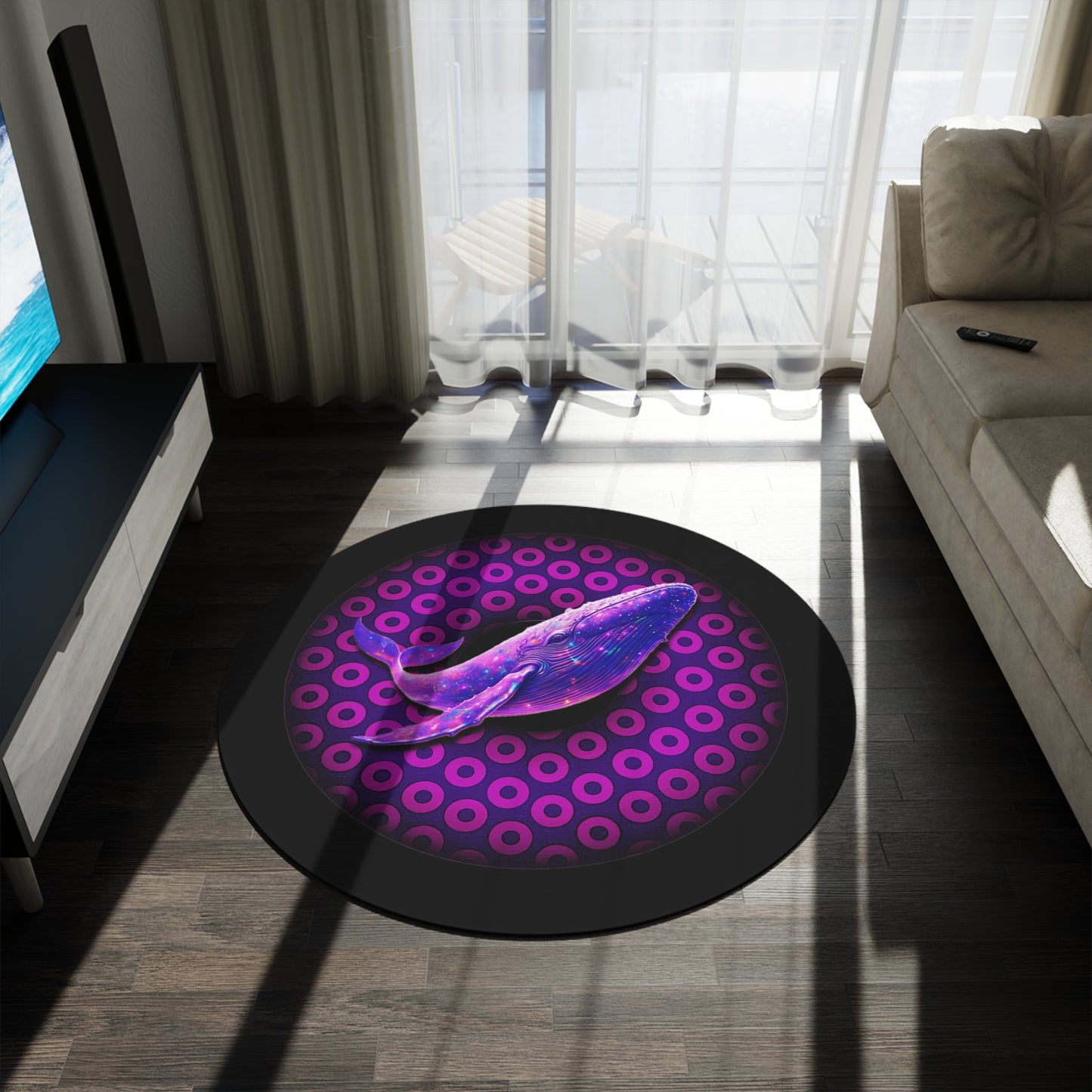 Round Room - 5 ft x 5 ft Lumpy Donut Rug - "Whale of a Big Donut Rug" - paradoxical purple/magenta donut w/black background - variant 1