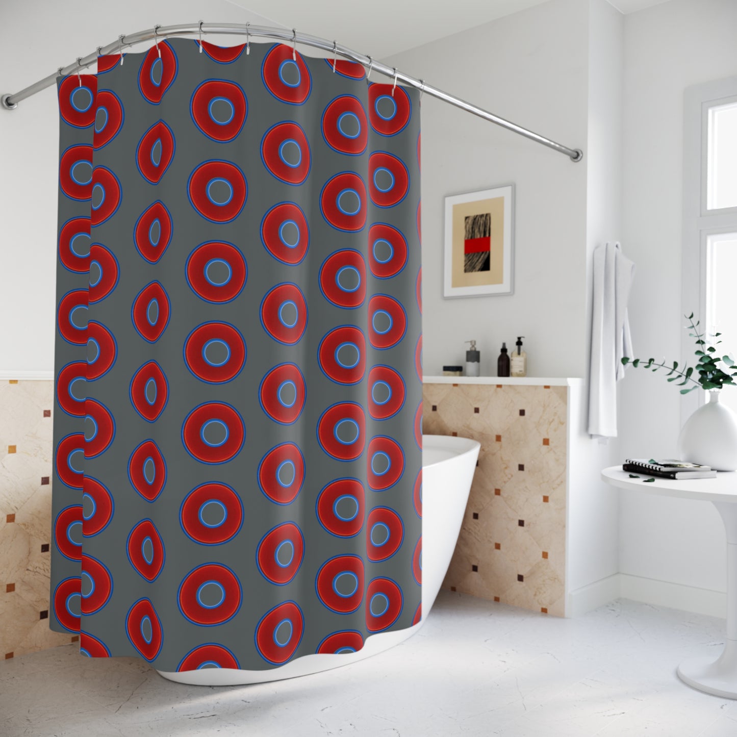 The Curtain With "Donuts" - Lumpy Bath Time Fun - vivid red donuts w/dark gray background