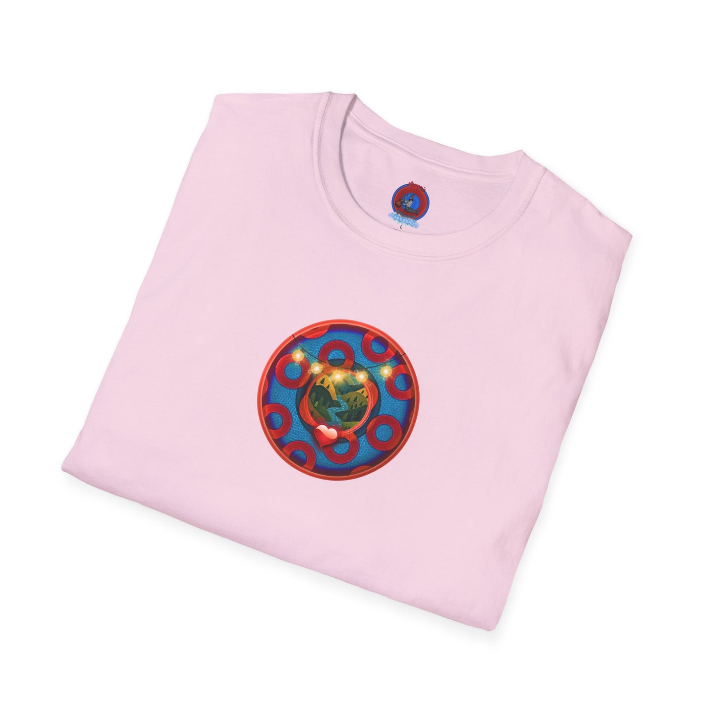 Classic Donut Tee - Unisex Soft-Style - "MORE Donuts Please" - rustic dark blue/red paradox donut - variant 2