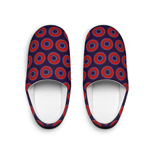 Men's Lumpy Slippers - red vivid donut print w/midnight purple background
