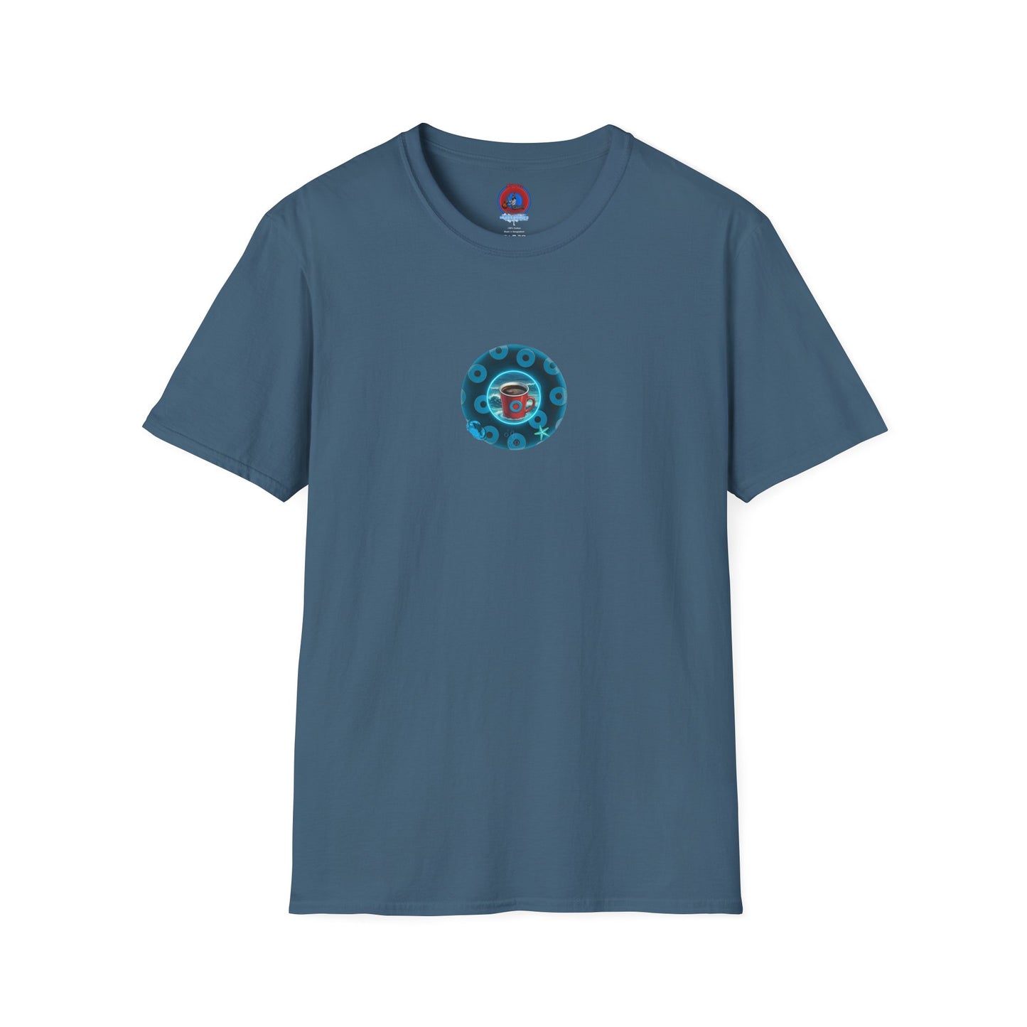 Lumpy Coffee Traders Tee - Unisex Soft-Style - "Good to Last Leaky Drop" - paradoxical donut - variant 2 - ocean donut front/logo back