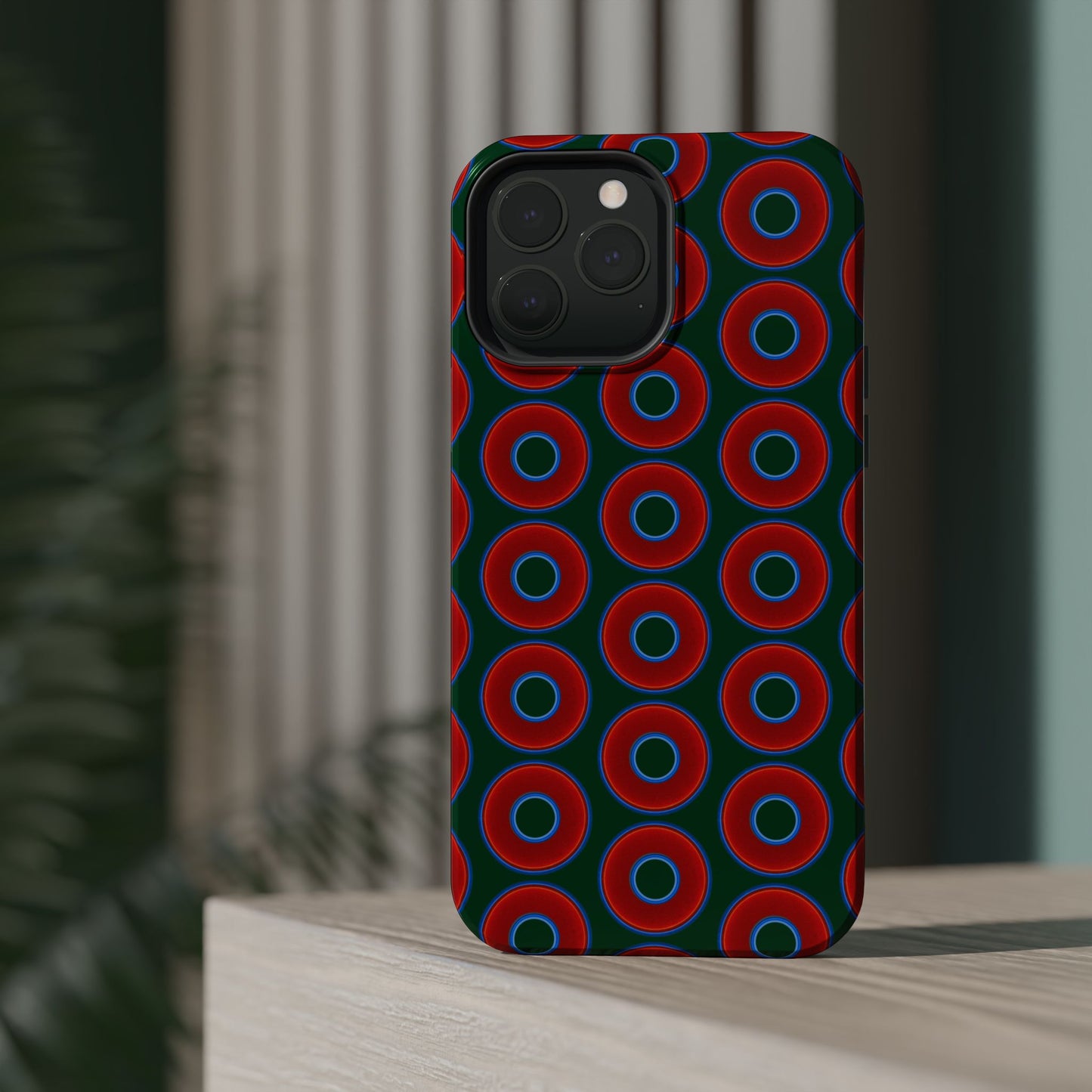 Magnetic Tough Donut Case - red vivid donut print w/deep pond green background