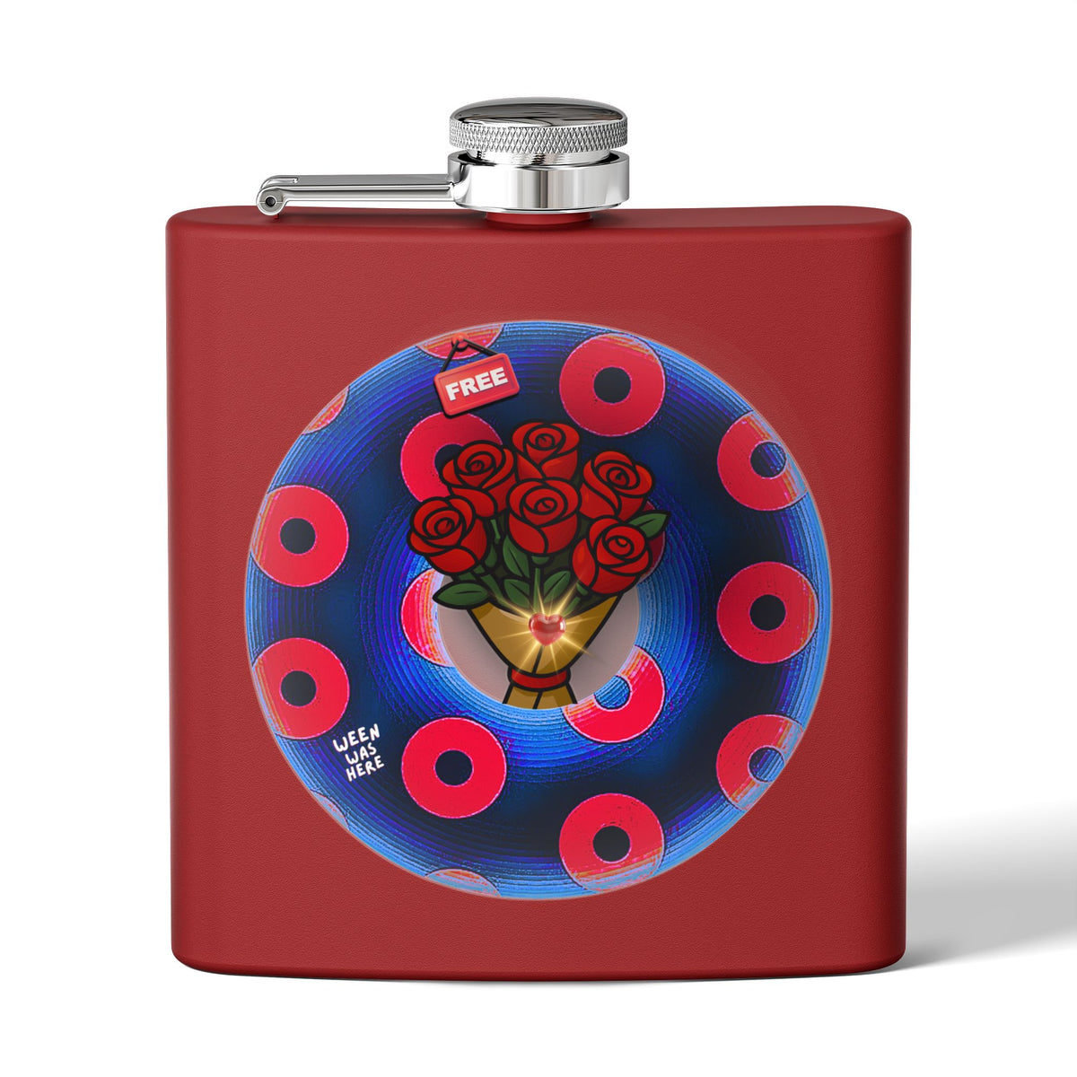 Lump's Donut Flask 6 oz -  "Donuts R Phree" - red/blue rustic donut - [*w/your choice of 6 backgrounds]