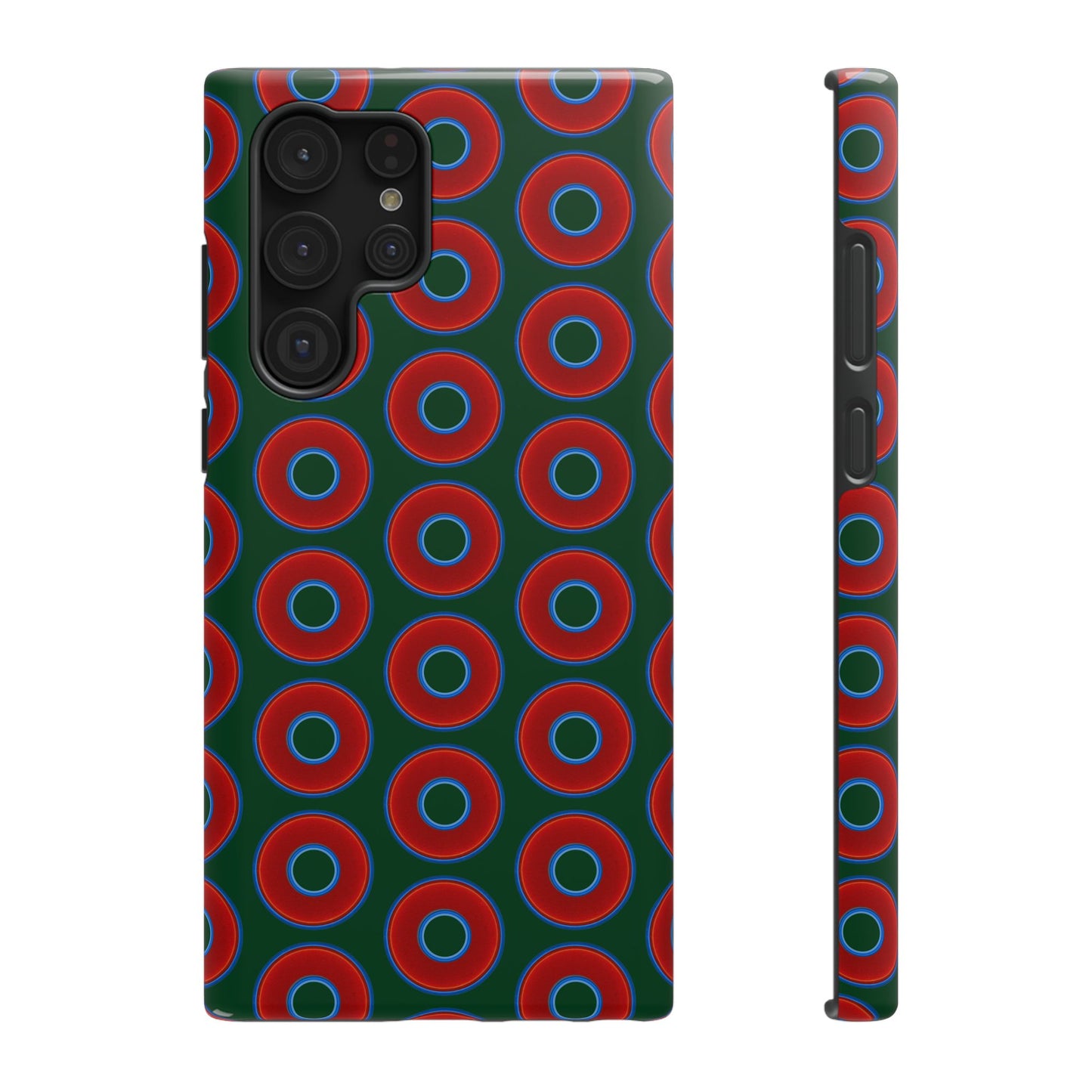 Impact-Resistant Lumpy Donut Case - red vivid donut print w/dark pond green background
