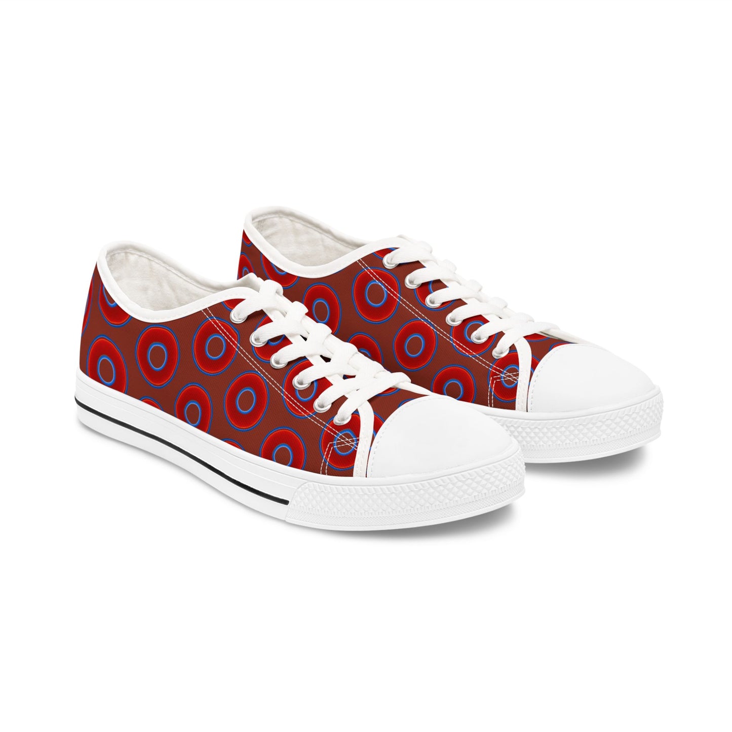 Women's - Low Top Chuck Taylors - large vivid red donut print w/burnt umber background