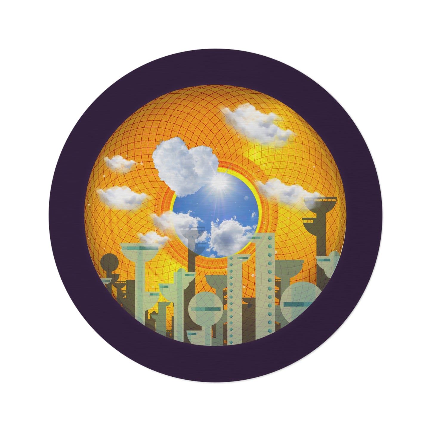 Round Room - 5 ft x 5 ft Lumpy Donut Rug - "The Golden Age of Donut Rugs" - vivid blue donut w/midnight purple background