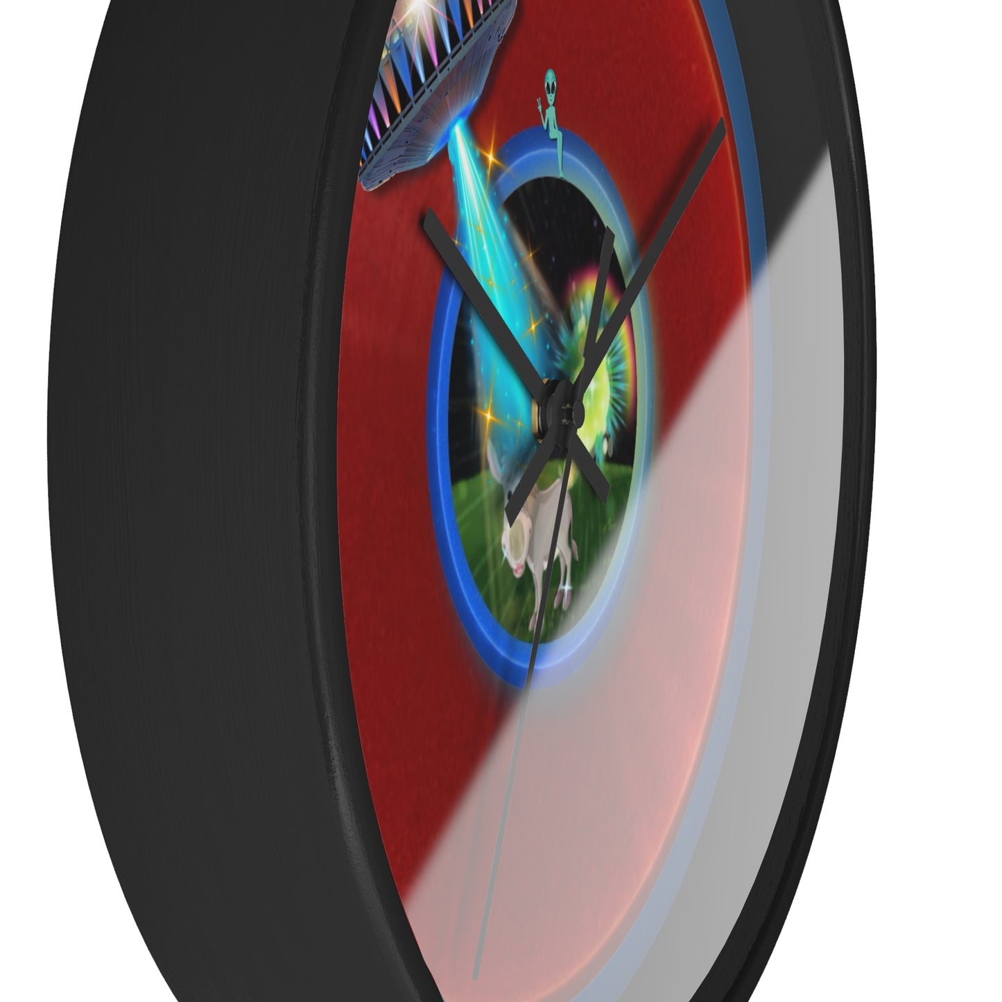 Lumpy Wall Clock - "Donut Clocks? In Tomahawk County?" - variant 1 - vivid red/blue donut w/light navy background