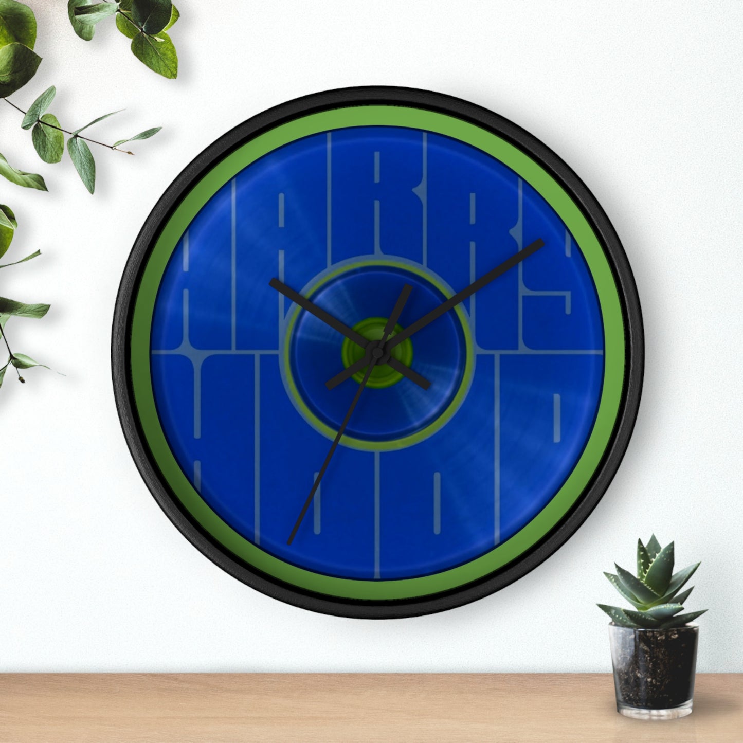 Lumpy Wall Clock - "Harry Hoodlum Donut Clock" - variant 5 - blue vivid/word donut w/light green background