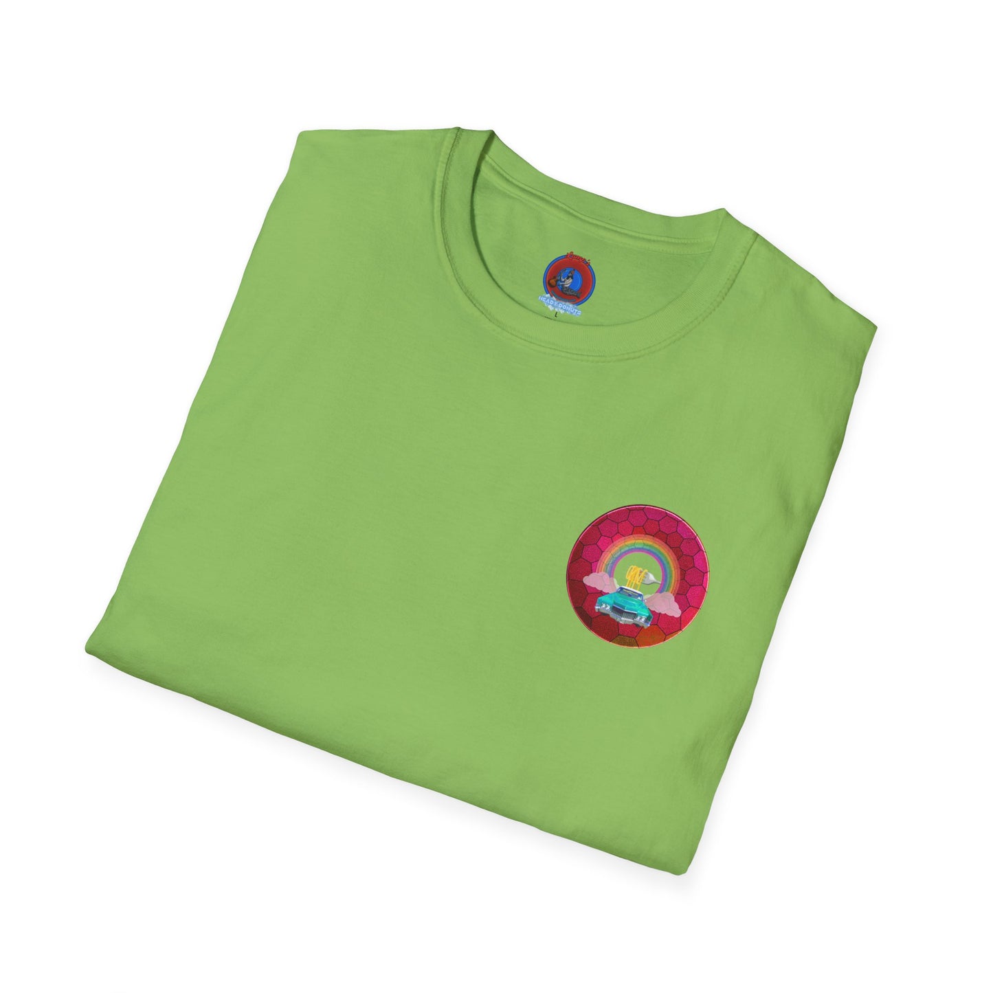 Classic Donut Tee - Unisex Soft-Style - "Cadillac Rainbows Donut Tee" - variant 3 - magenta hexadonut w/mint green caddy