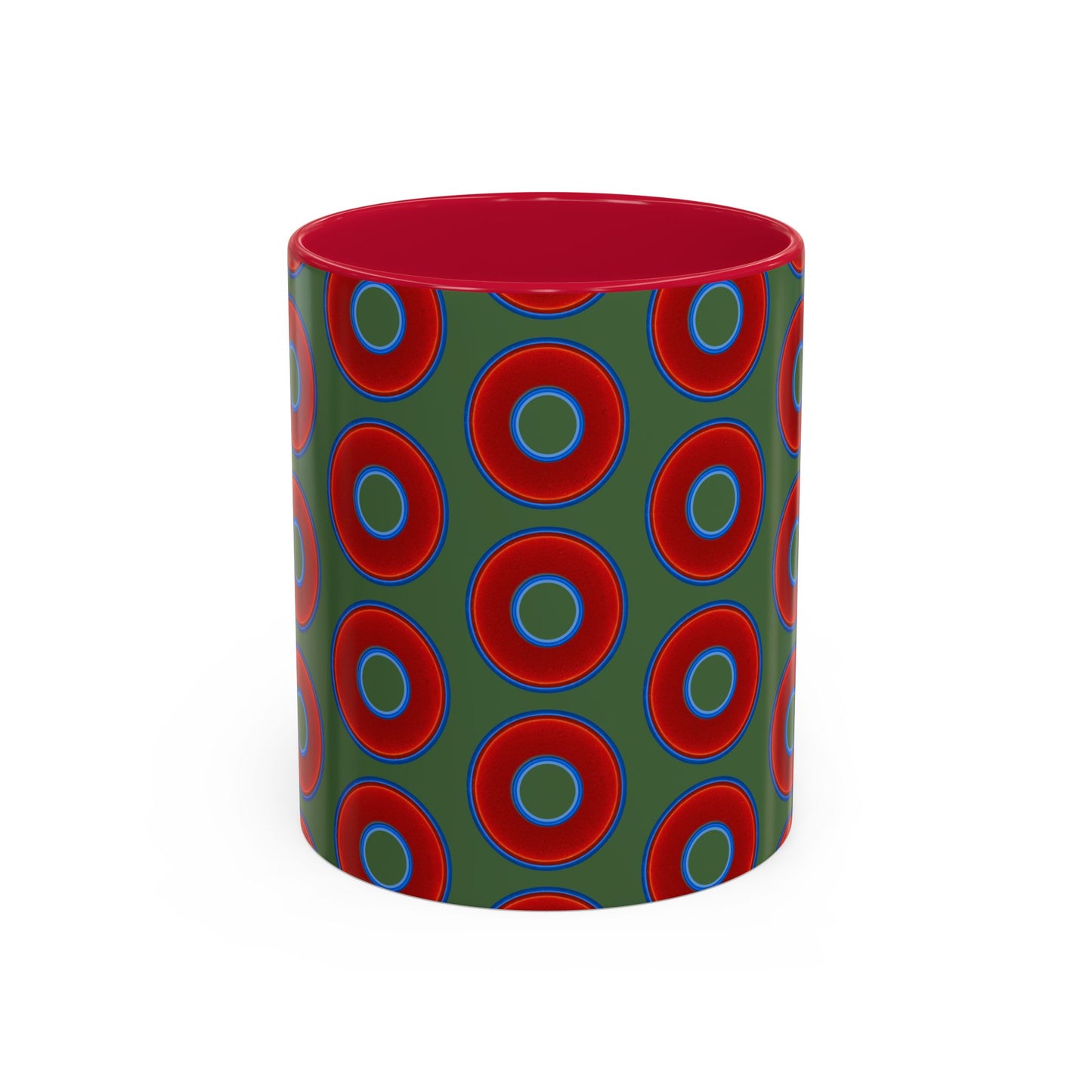 Lump's Grumpy Coffee Mug - vivid red donuts w/dark green background
