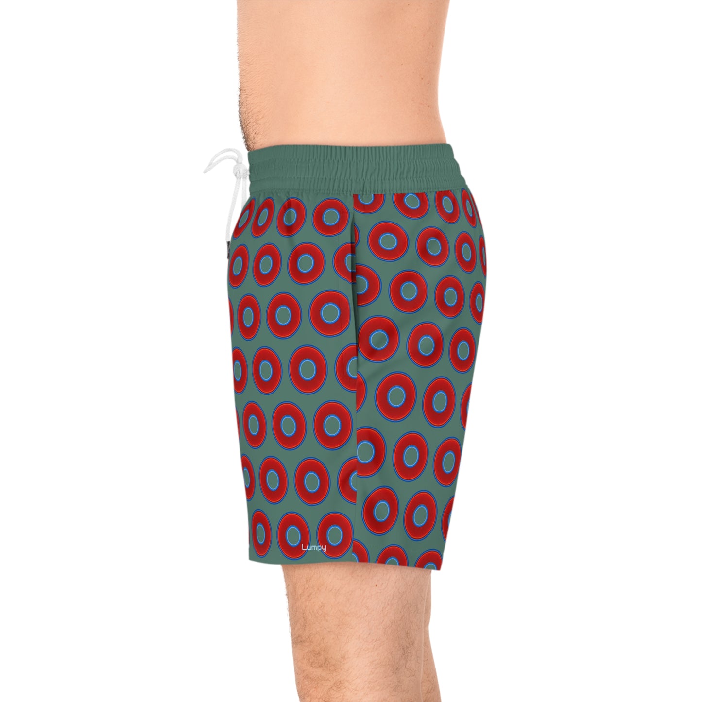Men's Lumpy Swim Trunks - vivid red donut print w/Fenway green background