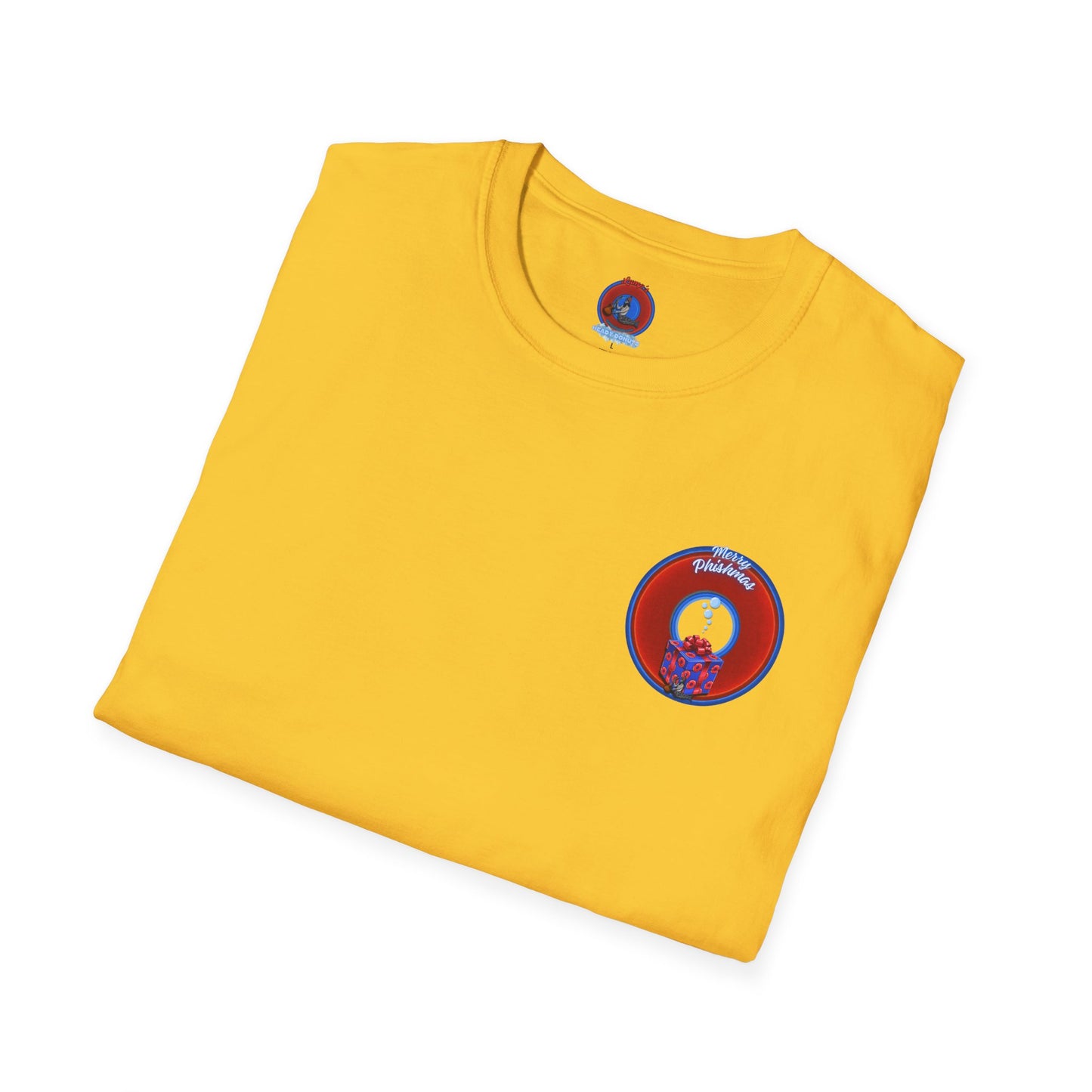 Classic Donut Tee - Unisex Soft-Style - "Phishmas Caroler's Tee " - vivid red/blue donut - variant 2