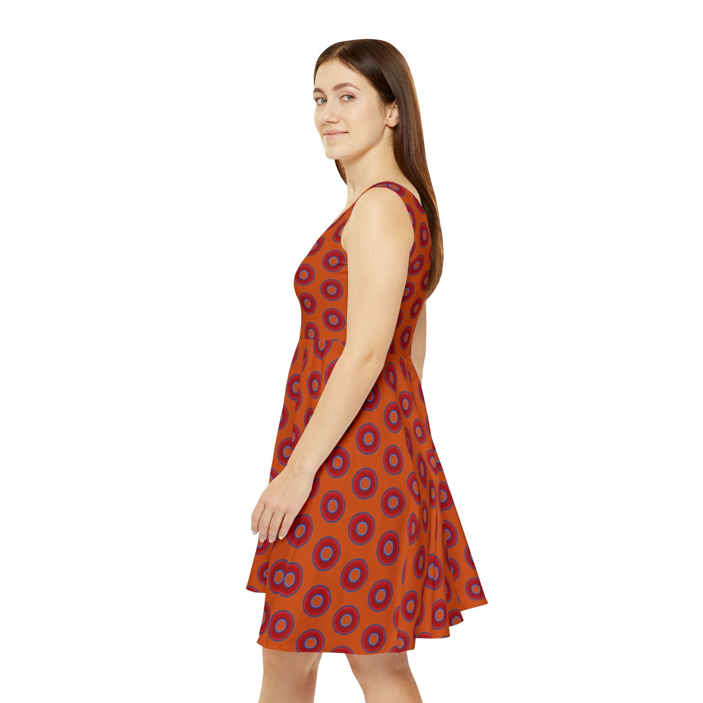 Women's Skater Donut Dress - vivid red donut print w/dark orange background