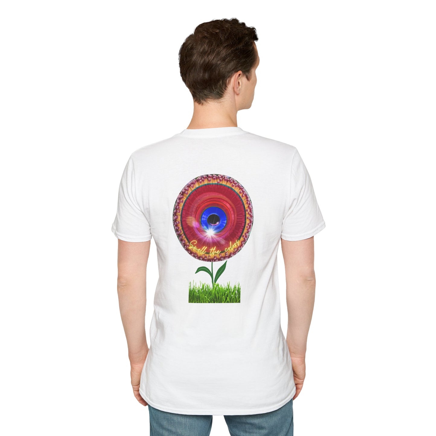Classic Donut Tee - Unisex Soft-Style - "Smell the Donuts Outside on my Lawn"  " variant 2 - blue donut on red donut/flower