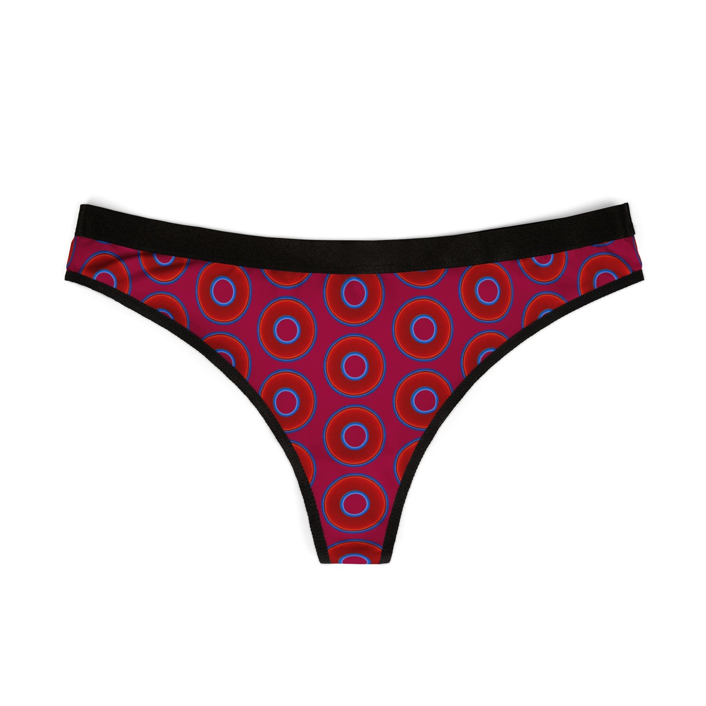 Lumpy Donut Thongs - red vivid donut print w/dark magenta background