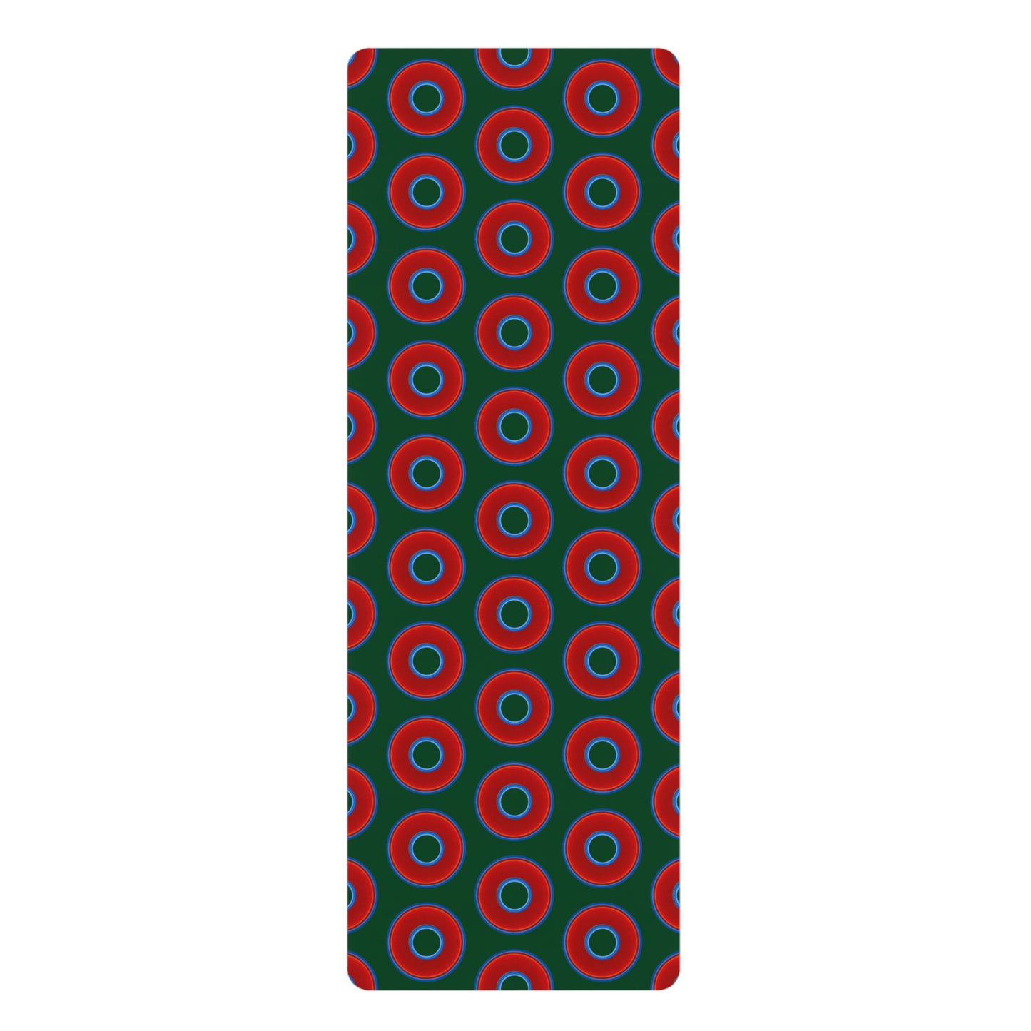 Lumpy Donut Yoga Mat :) - 24″ x 70" - vivid red donut print w/deep pond green background