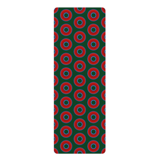 Lumpy Donut Yoga Mat :) - 24″ x 70" - vivid red donut print w/deep pond green background