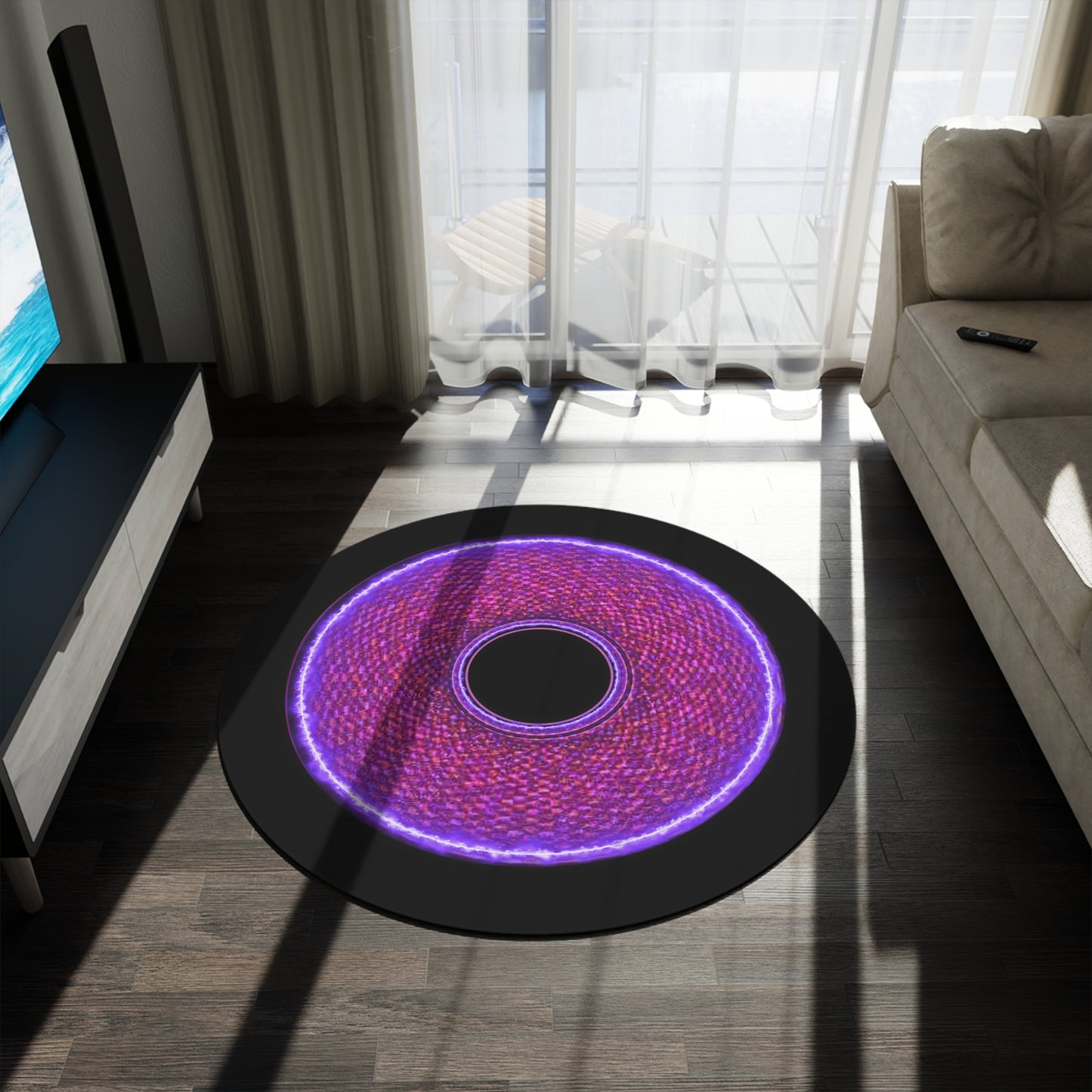 Round Room - 5 ft x 5 ft Lumpy Donut Rug - "Frankenstein's Carpet... it's Alive!" - purple pixilated donut w/black background