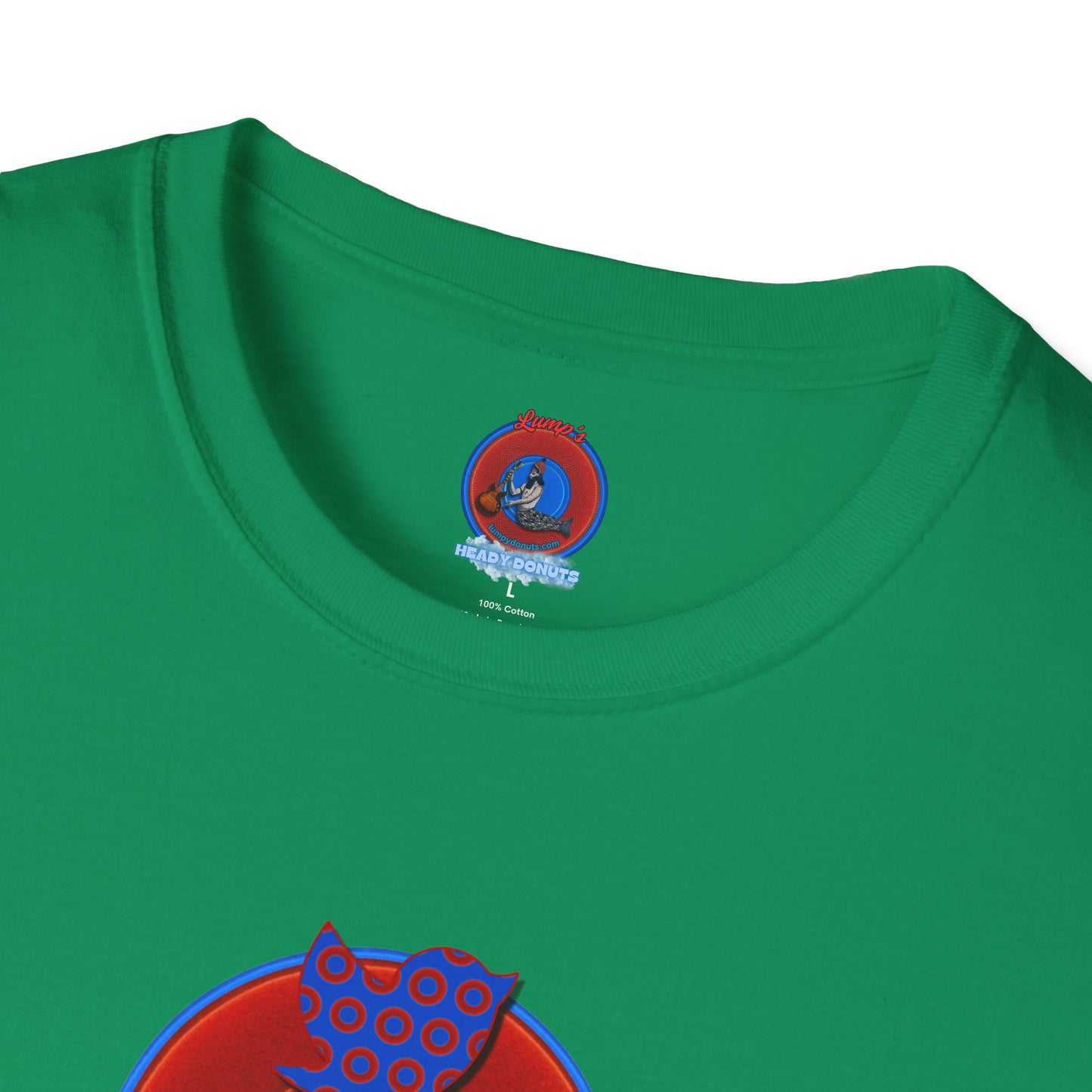 Classic Donut Tee - Unisex Soft-Style - "Phamous Mocking Donut" - vivid red/blue donut