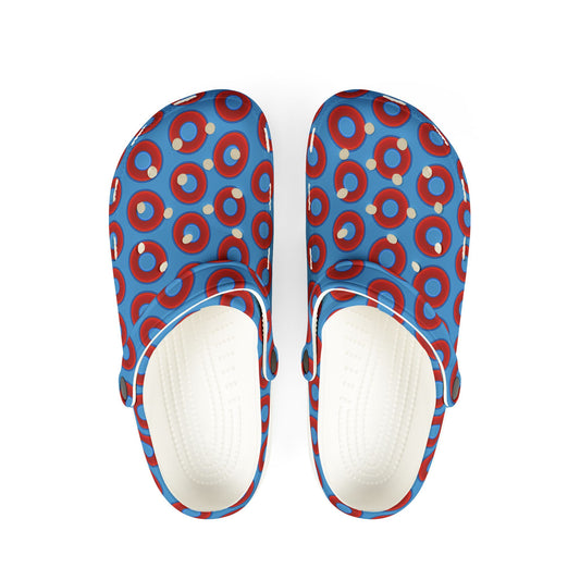Spatchcocks - donut slip-on shoes - vivid red donuts w/light steel blue background [unisex]