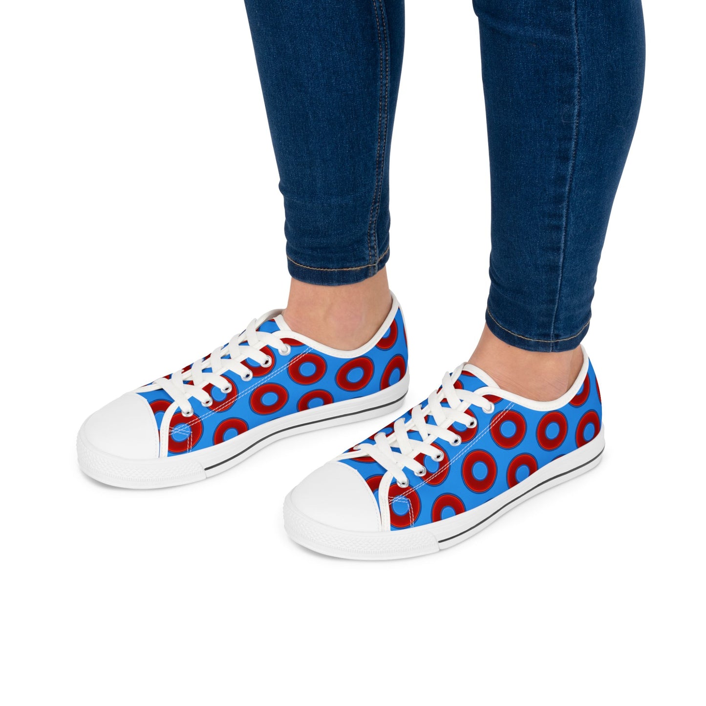 Women's - Low Top Chuck Taylors - large vivid red donut print w/sky royal blue background