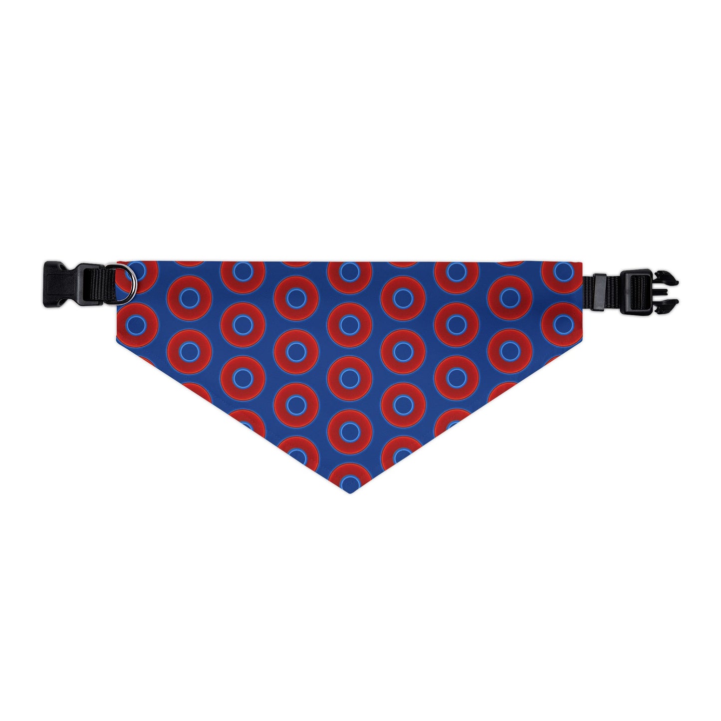 Jim's Lumpy Bandana Pet Collar - vivid red donuts w/dark blue background