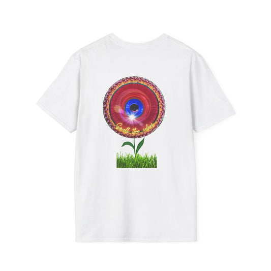 Classic Donut Tee - Unisex Soft-Style - "Smell the Donuts Outside on my Lawn"  " variant 2 - blue donut on red donut/flower