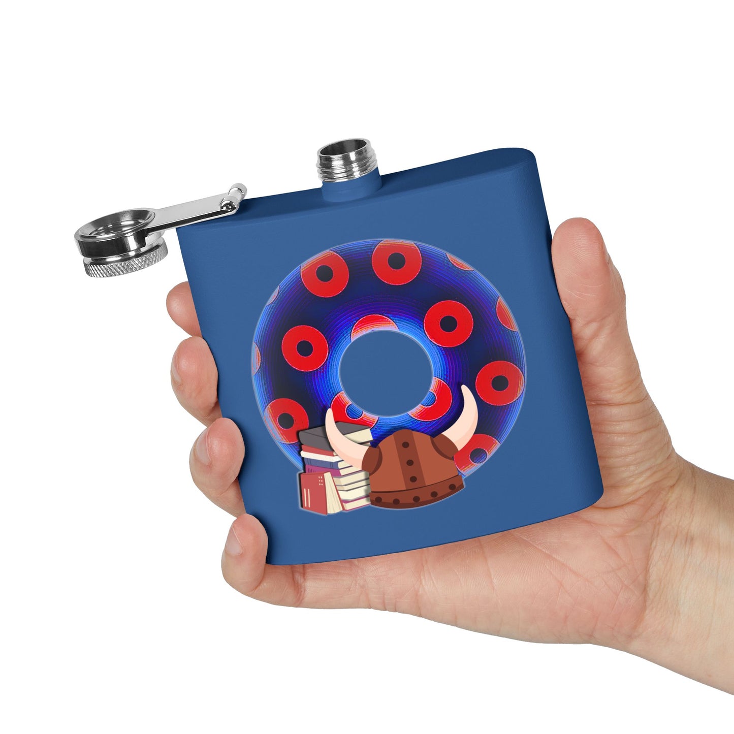 Lump's Donut Flask 6 oz -  "Vlad's Impaling Flask" - blue/red blimpy paradox donut - [*w/your choice of 5 backgrounds]