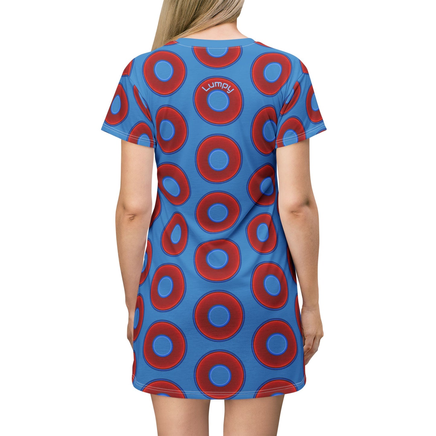 Not a Muumuu AOP Tee Shirt Dress - red vivid donuts w/light steel blue background