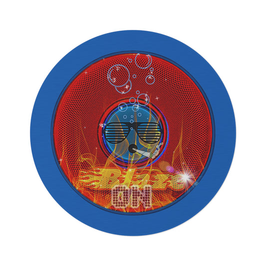 Round Room - 5 ft x 5 ft Lumpy Donut Rug - "Blazing Donut Rug" - red phatty donut w/dark royal blue background