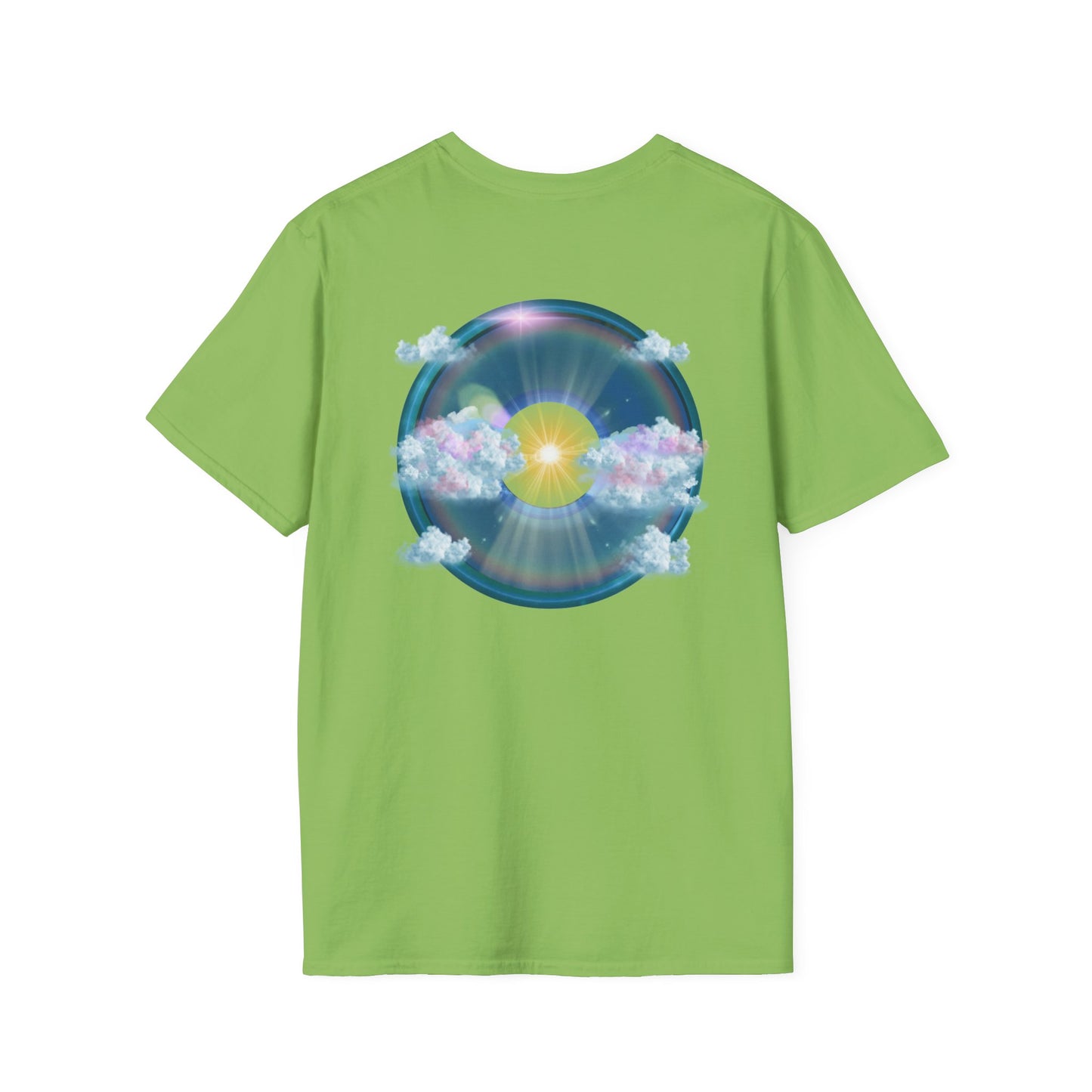 Classic Donut Tee - Unisex Soft-Style - "The Divided Donut" - variant 2 - blue donut  w/hole & sun [*50% to The Divided Sky Foundation]