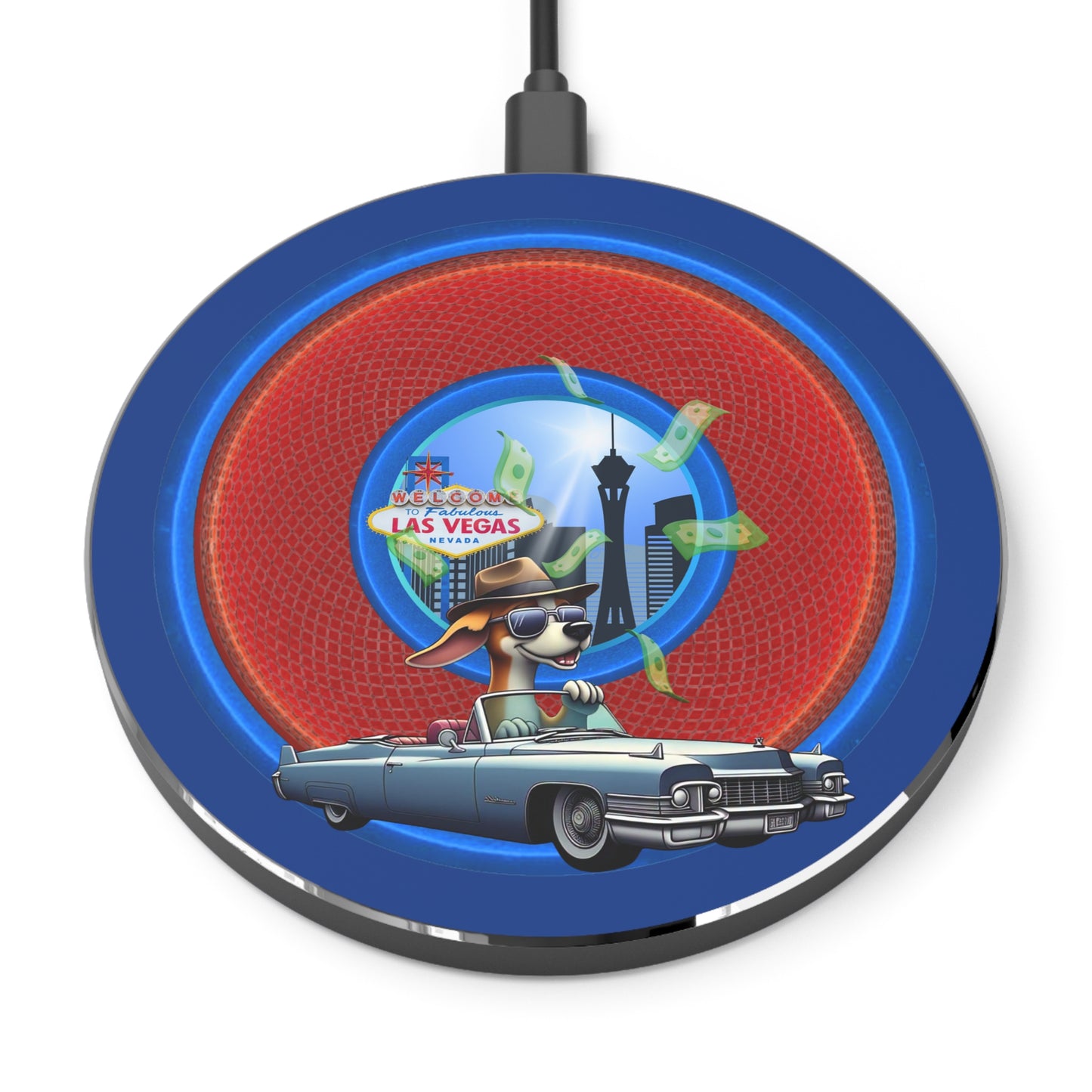 The Flow - Wireless Lumpy Donut Chargers - "Jimmy's Runaway Wireless Charger" - rustic red donut w/dark blue background - variant 2