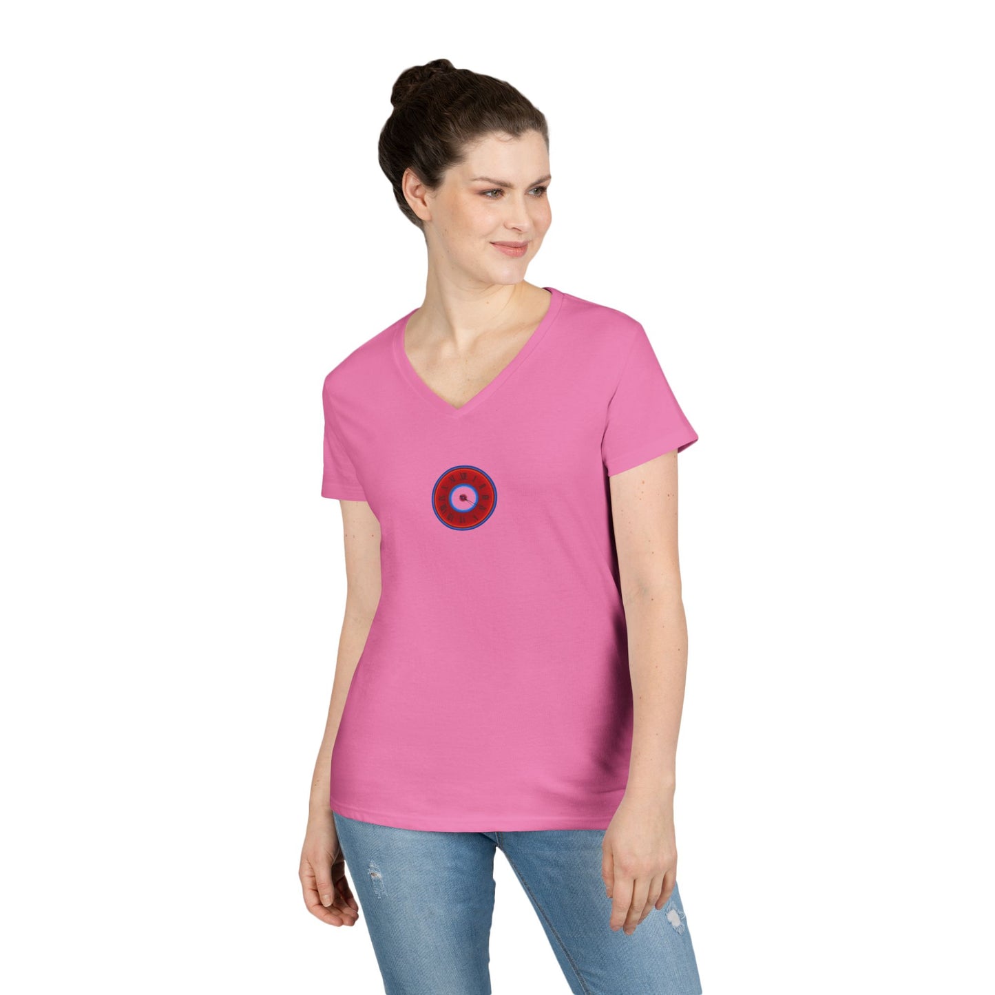 Women's Donut V-Neck Tee - "Time Treasurer's Donut Tee" - vivid red donut w/clock face