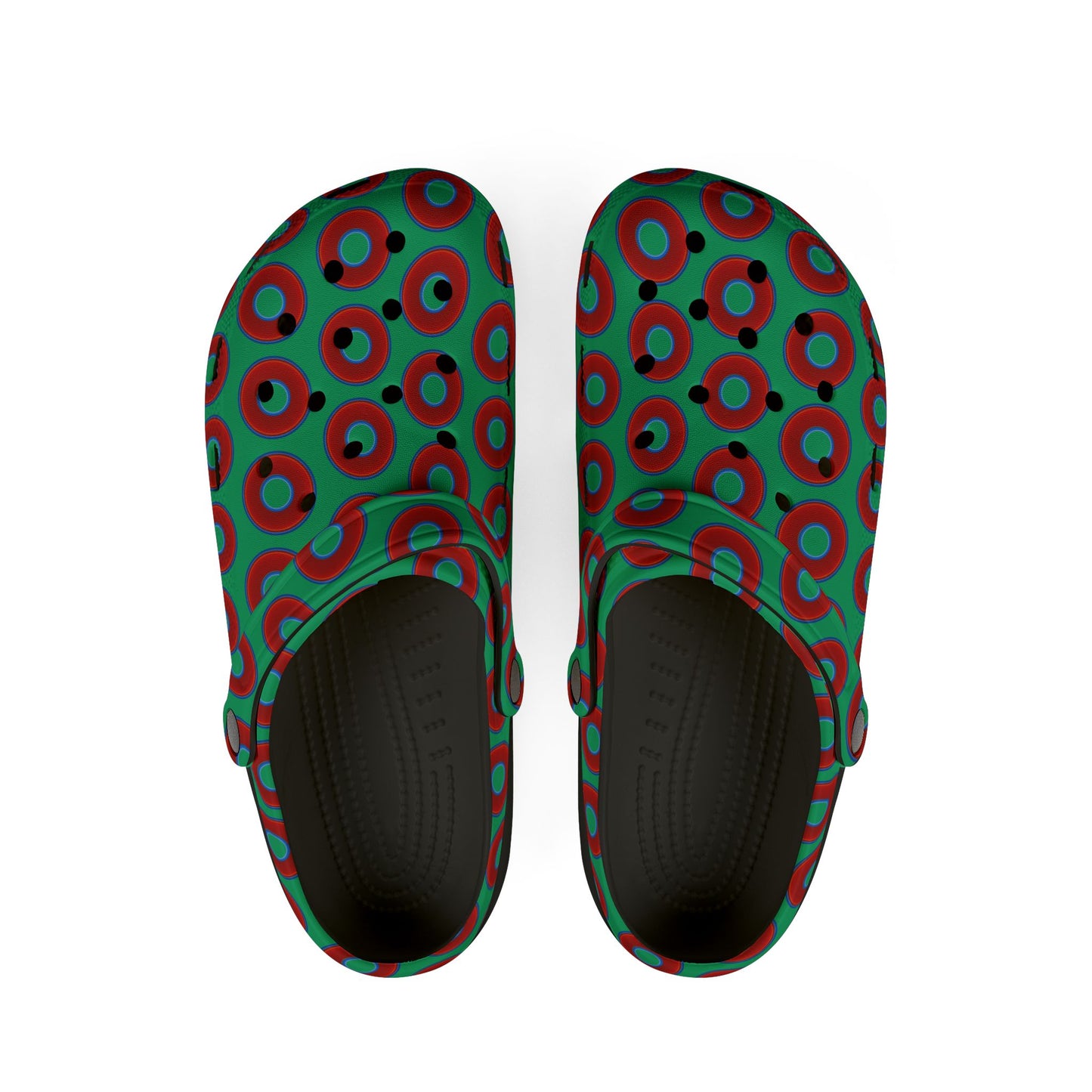 Spatchcocks - donut slip-on shoes - vivid red donuts w/jade green background [unisex]