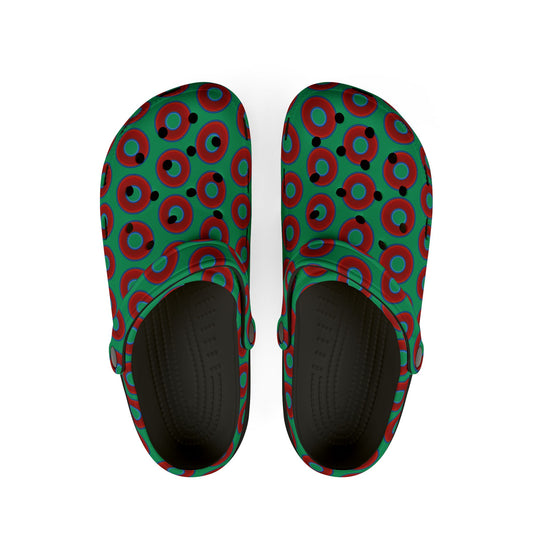 Spatchcocks - donut slip-on shoes - vivid red donuts w/jade green background [unisex]