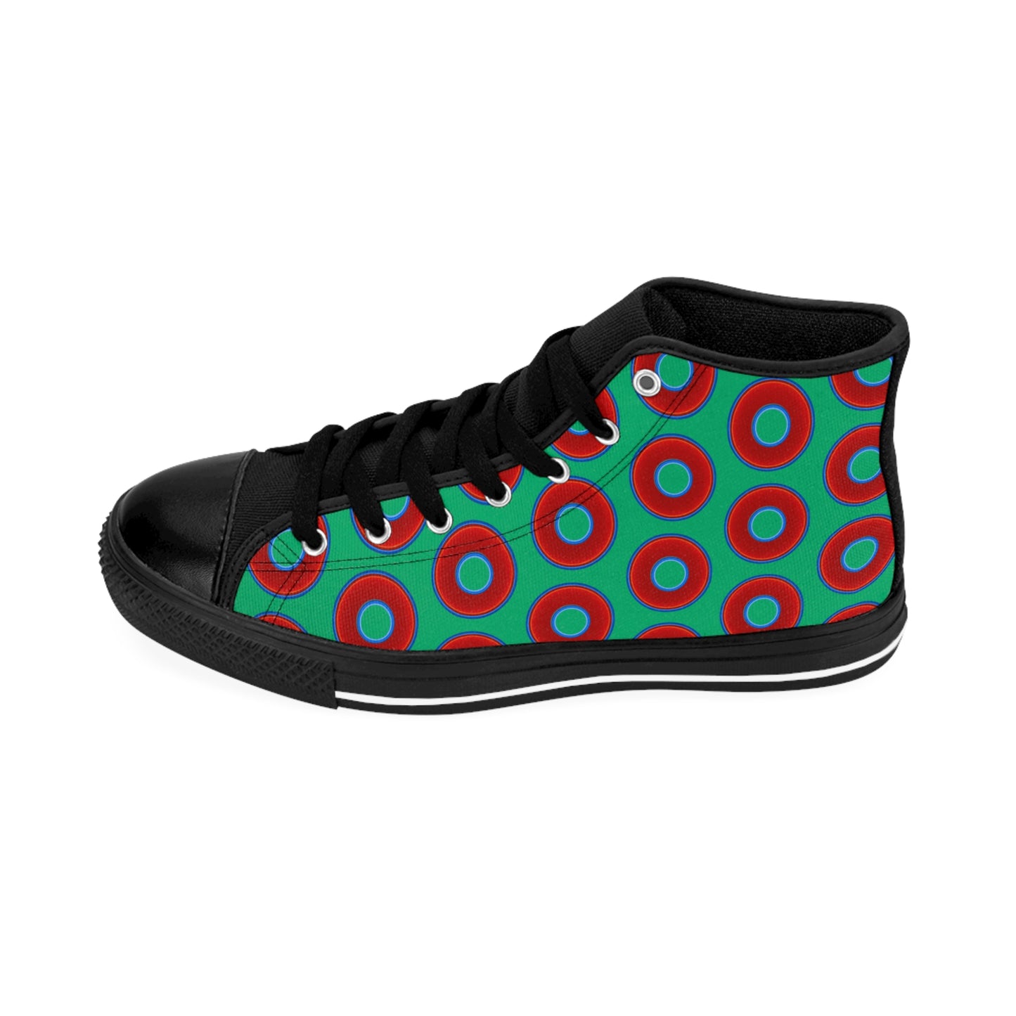Cushiony Convectors - High Tops - red vivid donuts w/jade green background