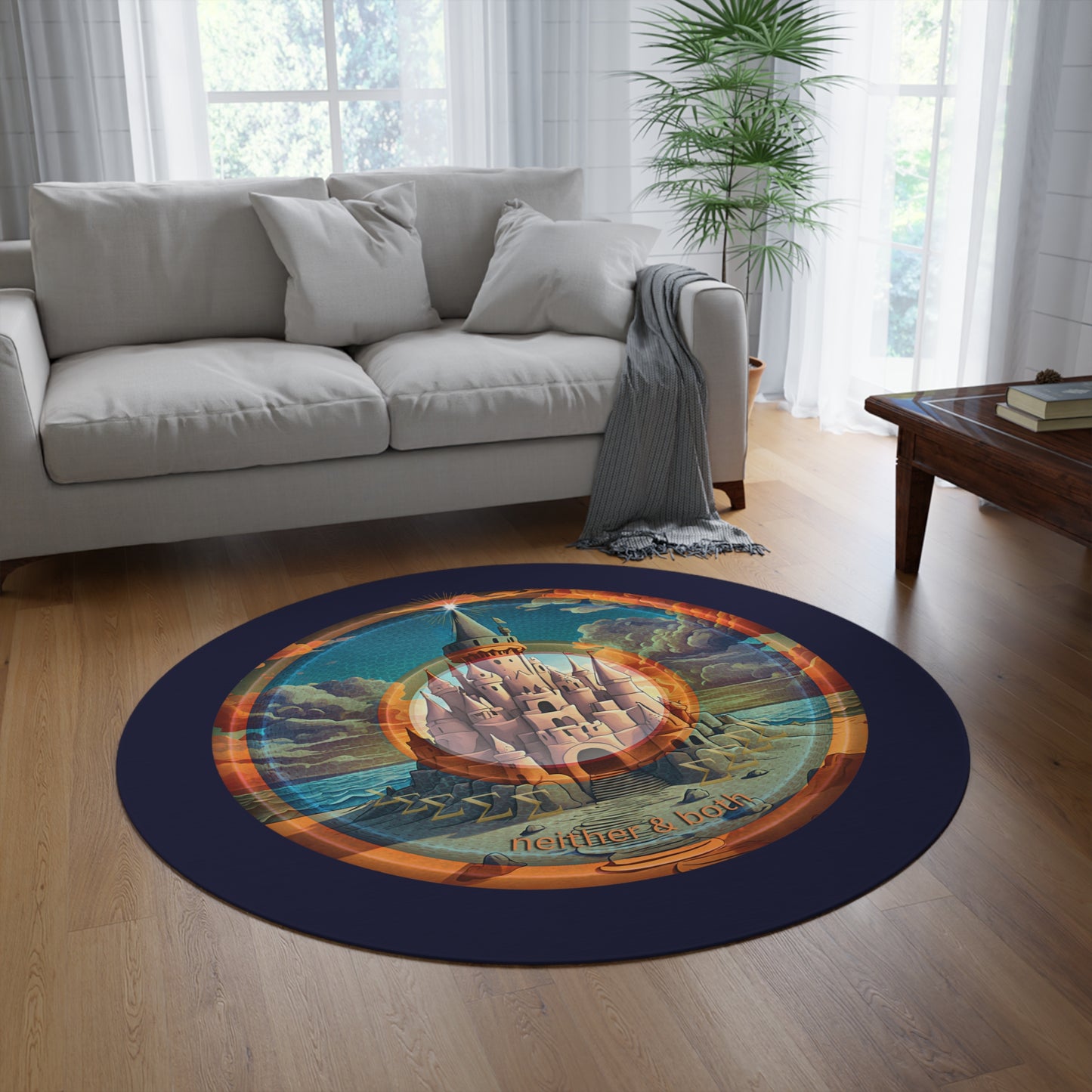 Round Room - 5 ft x 5 ft Lumpy Donut Rug - "The Donut Rug that Tides Never Reached" - vivid orange/blue pic donut w/dark navy background - variant 2