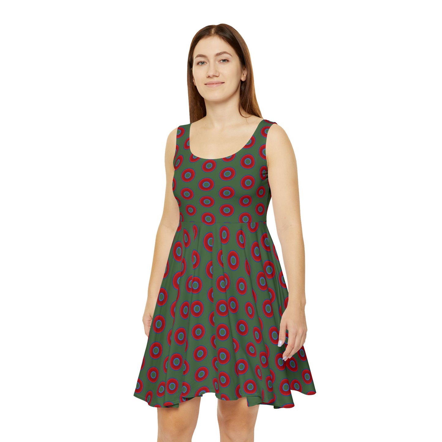 Women's Skater Donut Dress - vivid red donut print w/dark green background