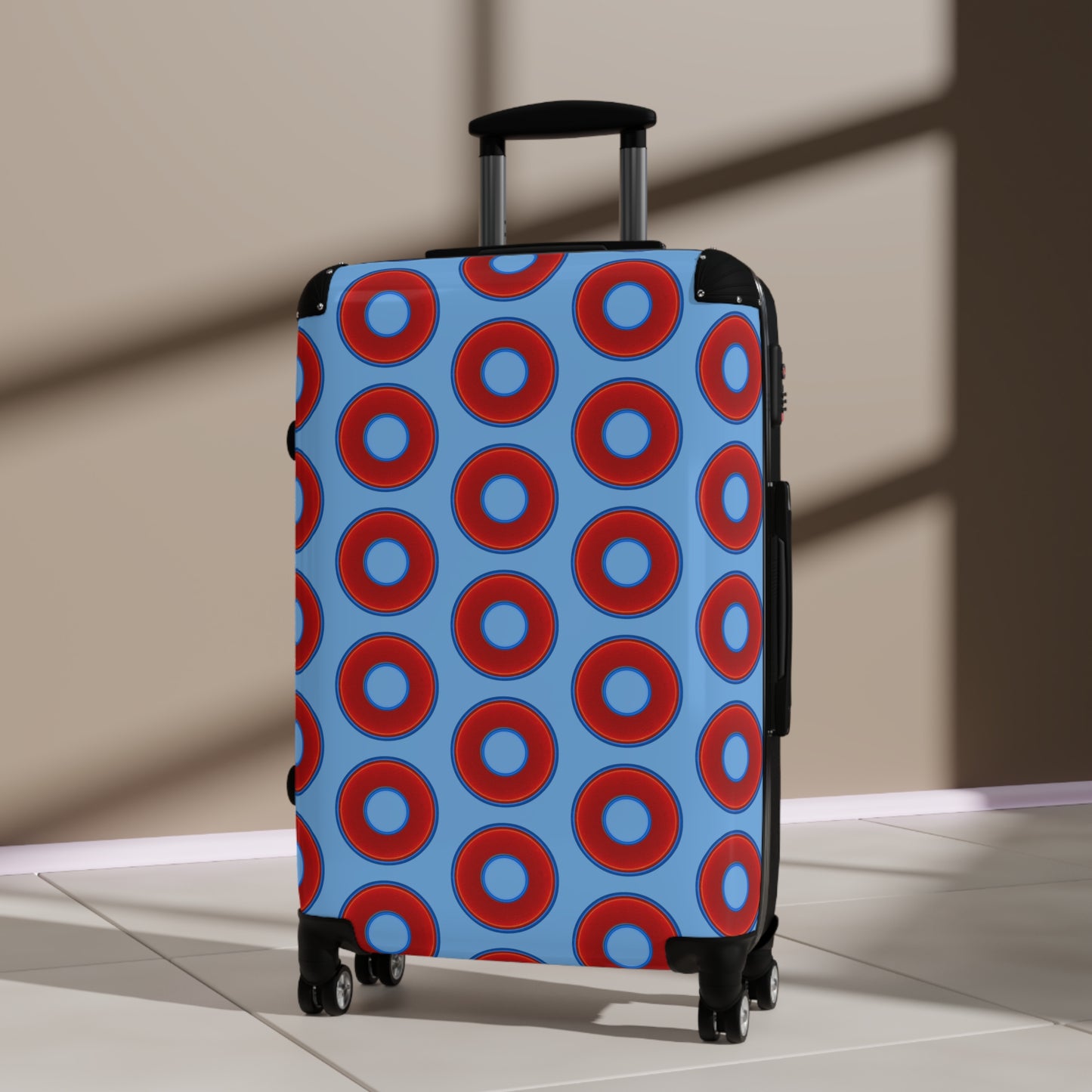 The Very Lumpy Donut Suitcase series - your choice of S, M or L - vivid red donut print w/light blue background