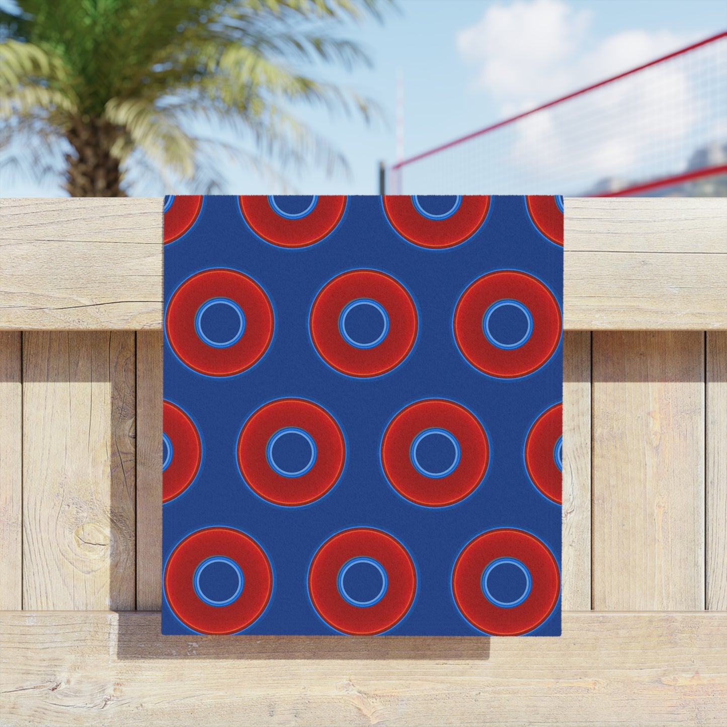 Lumpy Donut Towels - vivid red donuts w/dark blue background