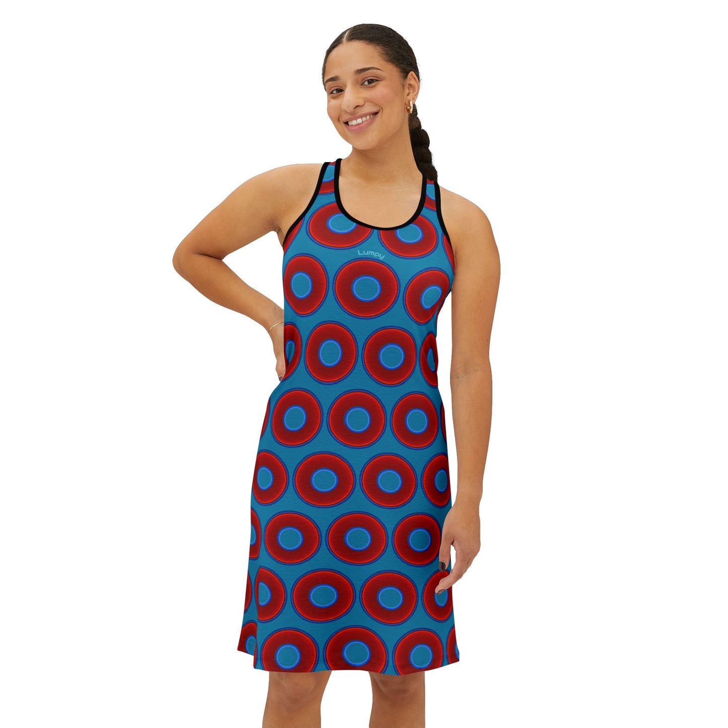 Tela's Lumpy Racerback Donut Dress - red vivid donut print w/aquamarine blue background