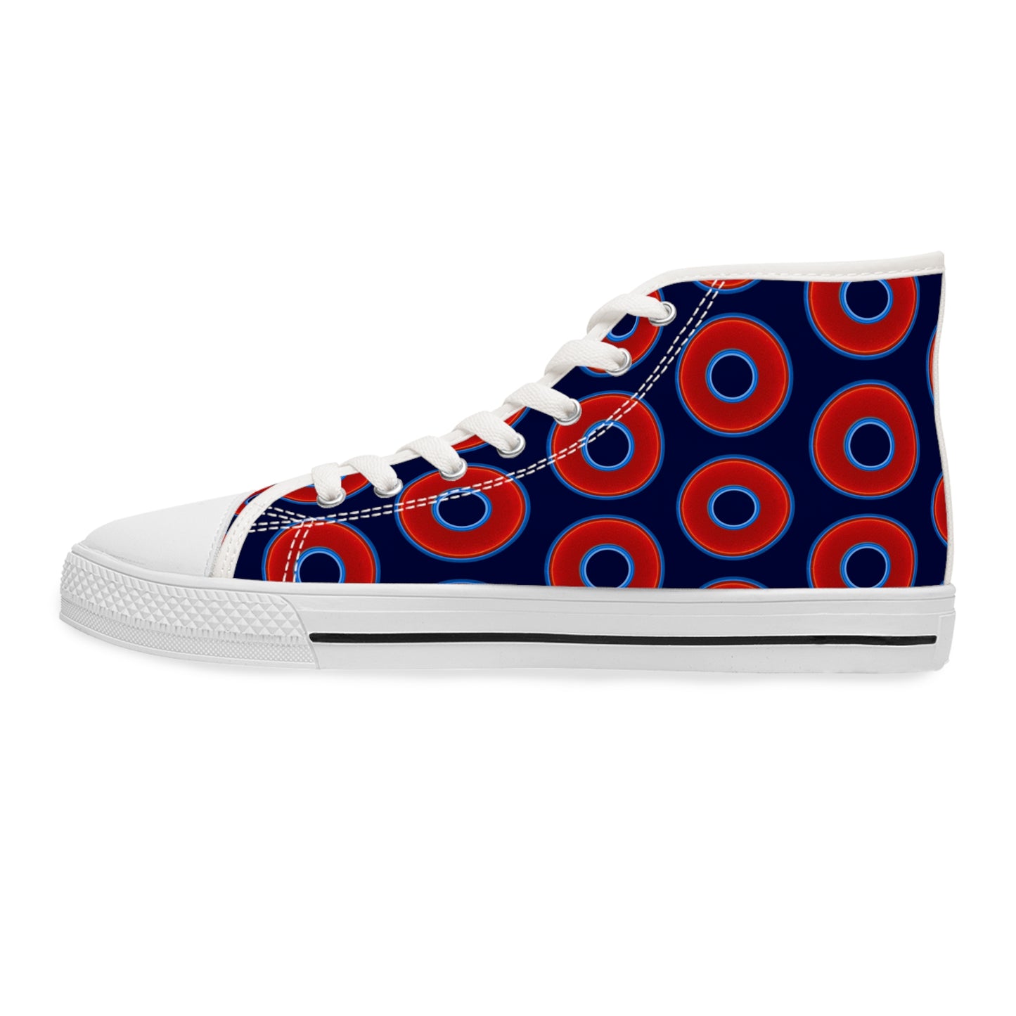 Women's High Top Chuck Taylors - large vivid red donut print w/dark navy blue background
