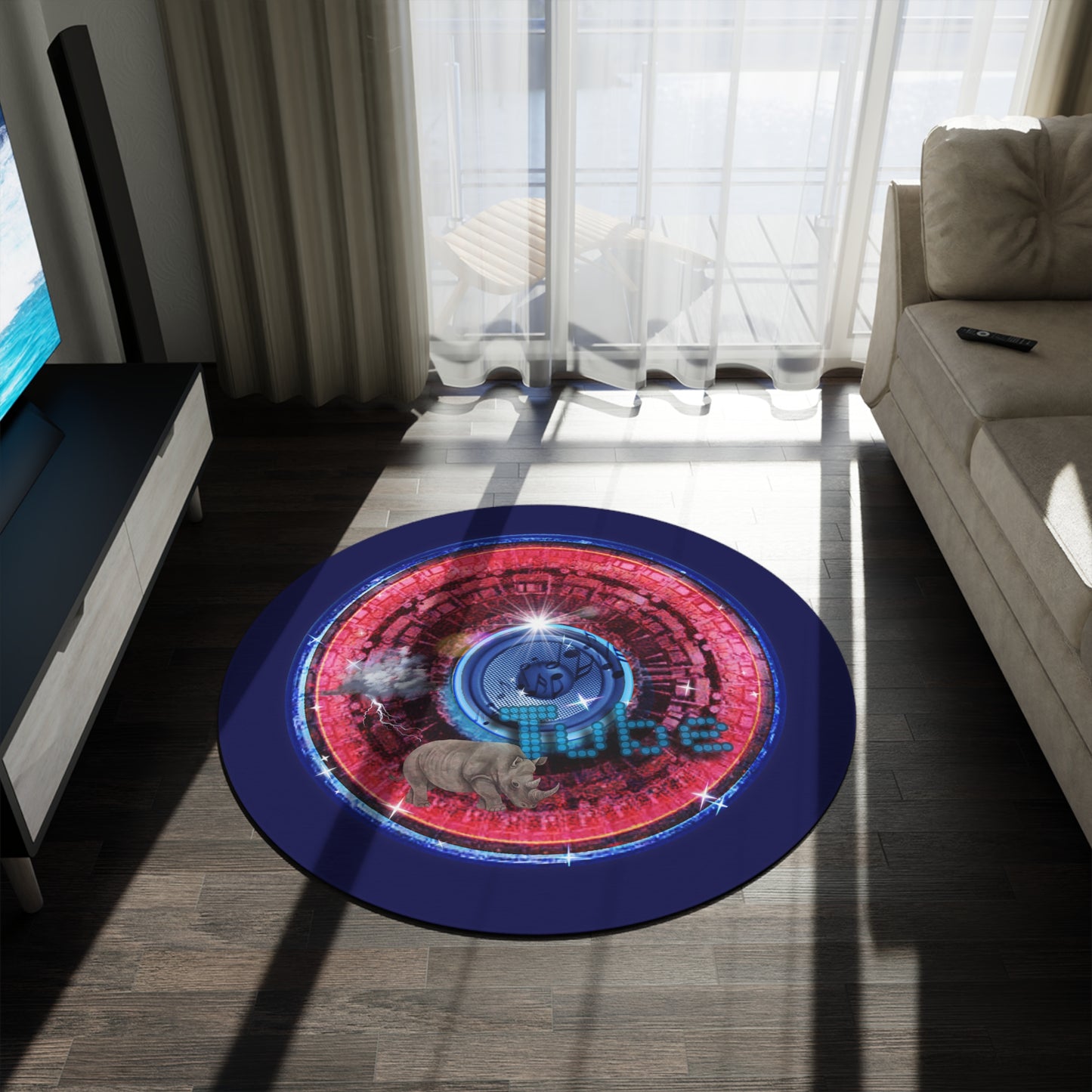 Round Room - 5 ft x 5 ft Lumpy Donut Rug - "Rhinos Do Run From Thunder & Donut Rugs" - vivid red/blue tube donut w/navy blue background - variant 1