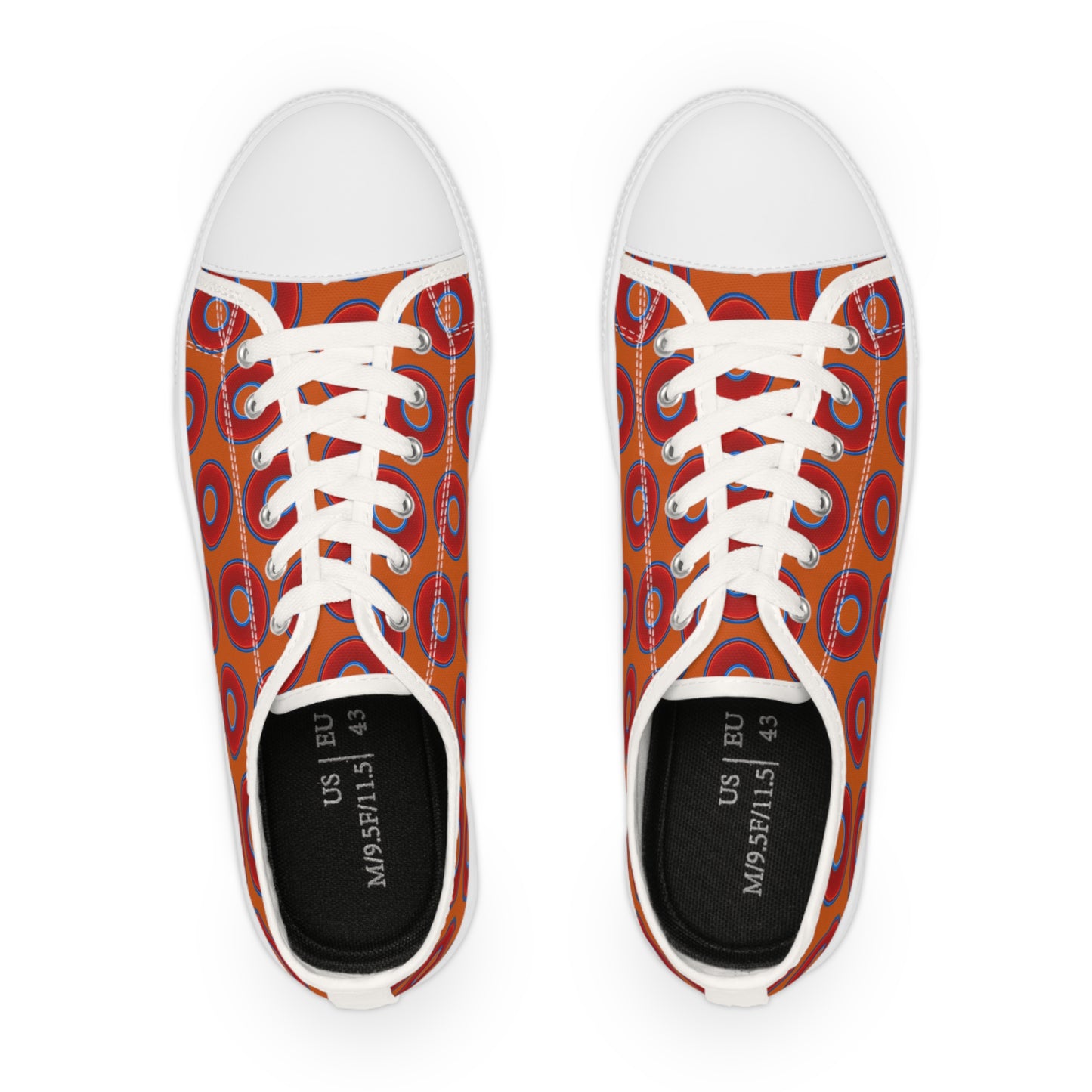 Men's - Low Top Chuck Taylors - large vivid red donut print w/dark orange background