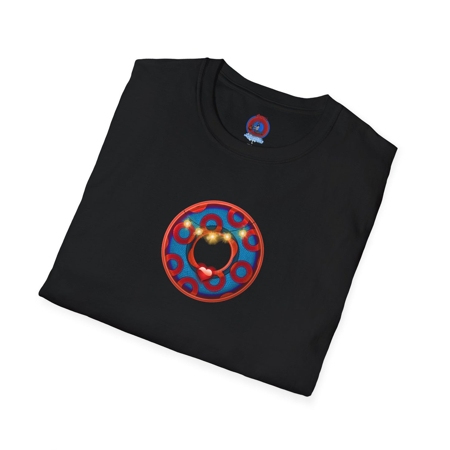 Classic Donut Tee - Unisex Soft-Style - "MORE Donuts Please" - rustic dark blue/red paradox donut - variant 1