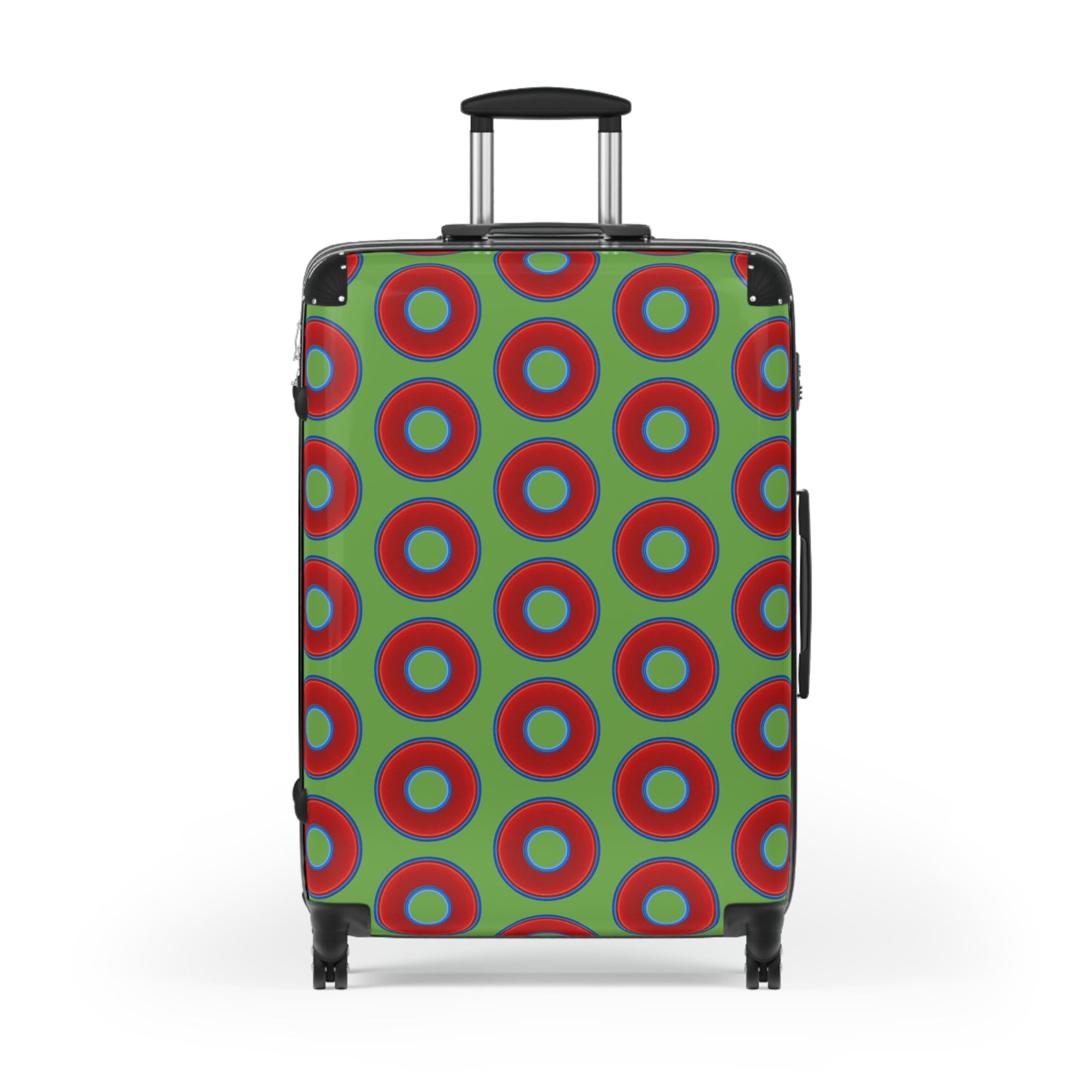 The Very Lumpy Donut Suitcase series - your choice of S, M or L - vivid red donut print w/lime green background