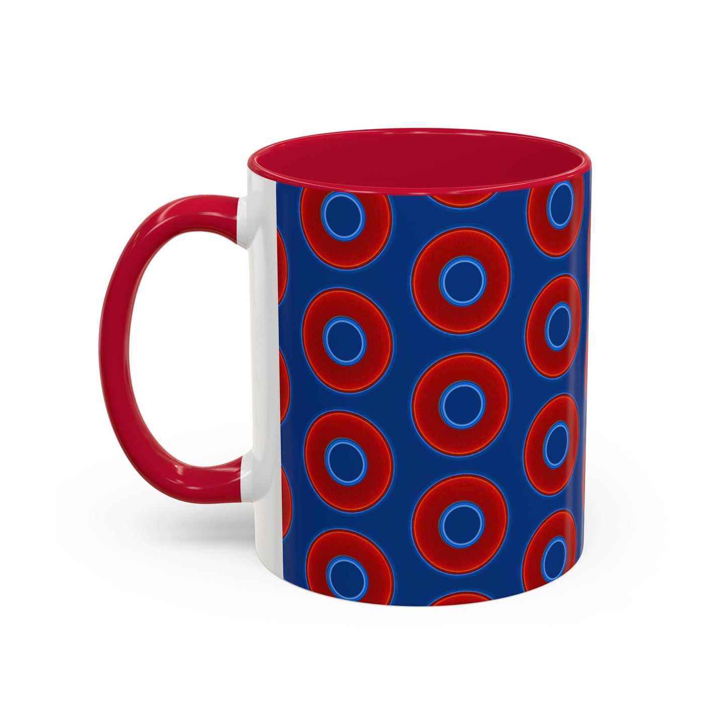 Lump's Grumpy Coffee Mug - vivid red donuts w/dark blue background