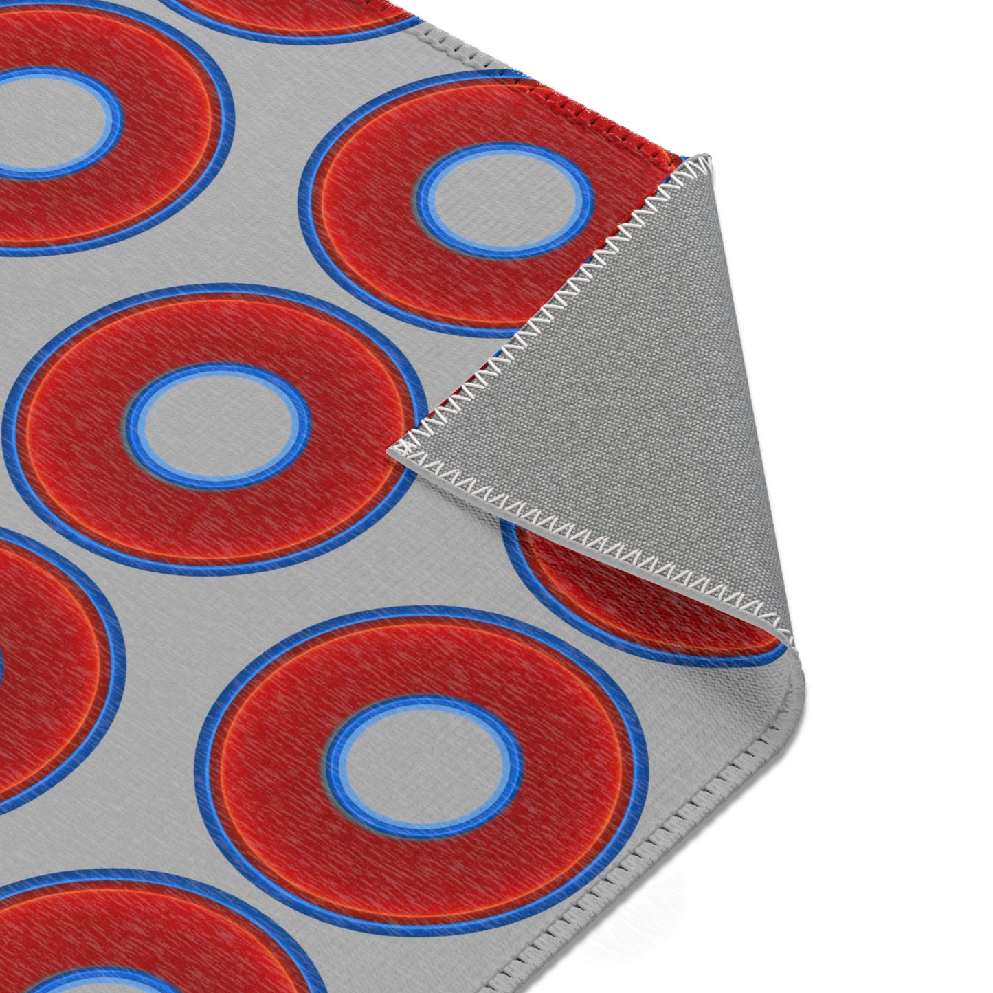 Lumpy Donut Print Rug - choice of 3 sizes - vivid red donut print w/light gray background