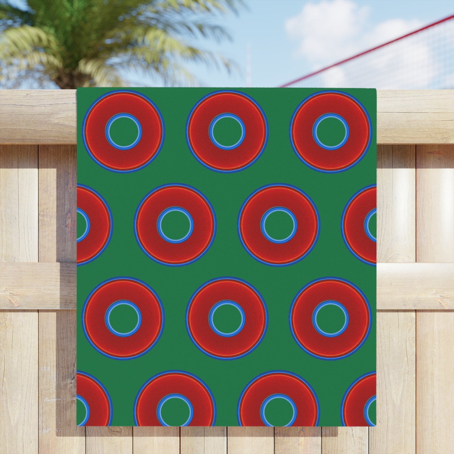 Lumpy Donut Towels - vivid red donuts w/green background